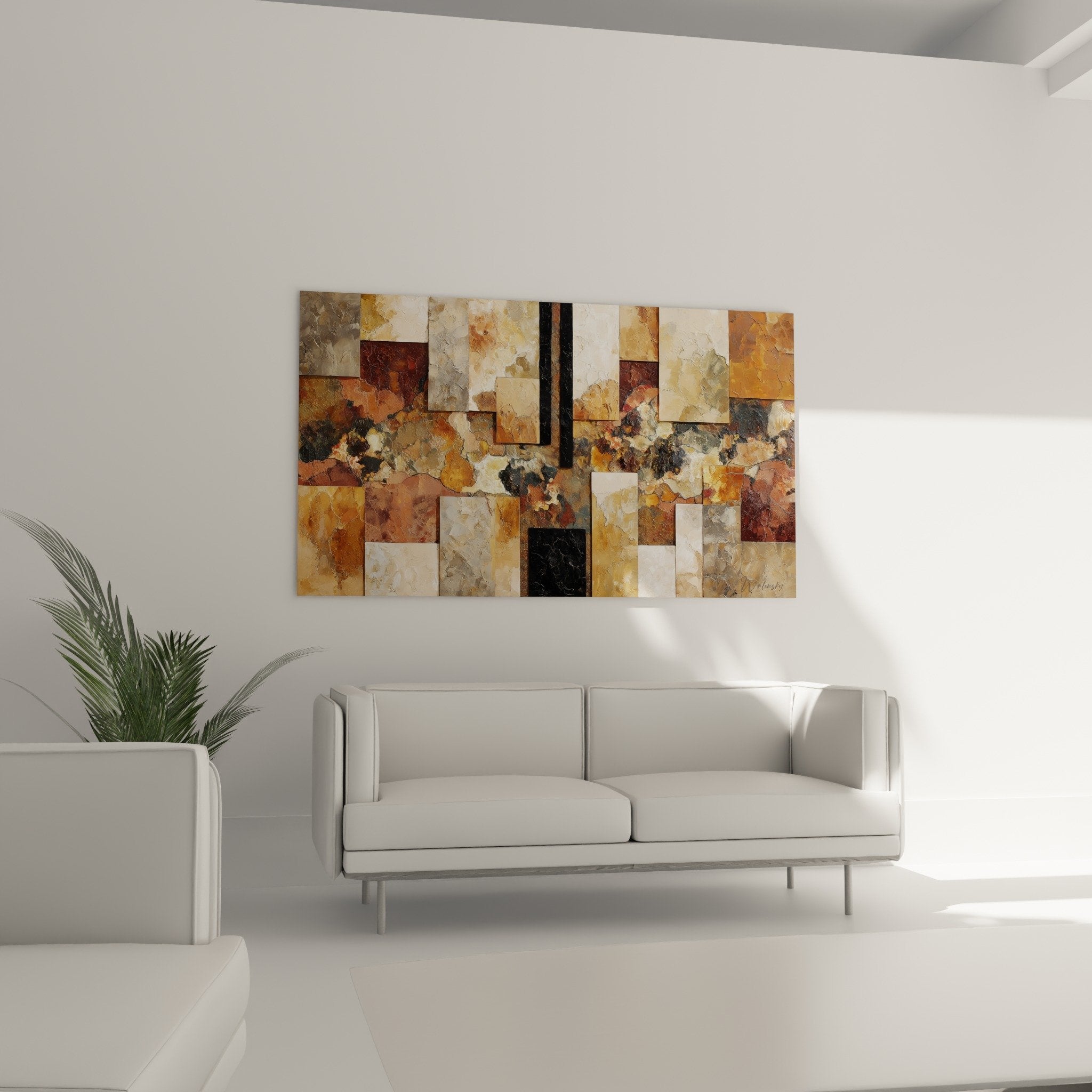 Textured abstract geometric painting earth tones ochre impasto finish feng shui earth center