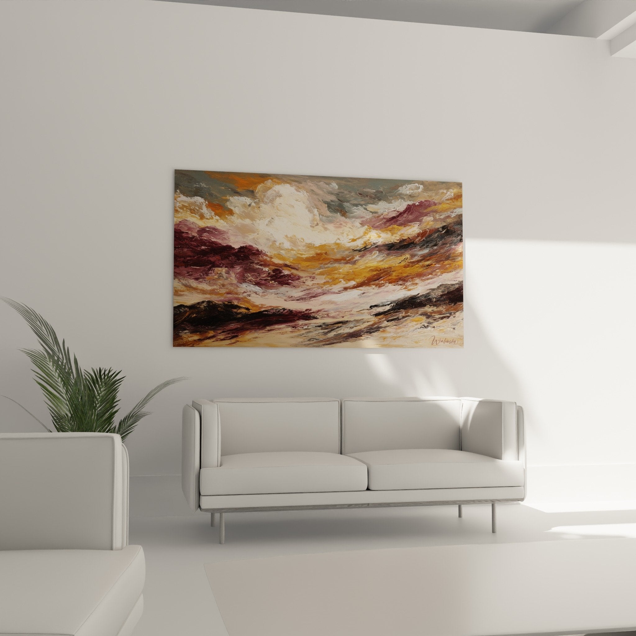 White impasto texture details and burgundy ochre tones abstract landscape expressionist painting