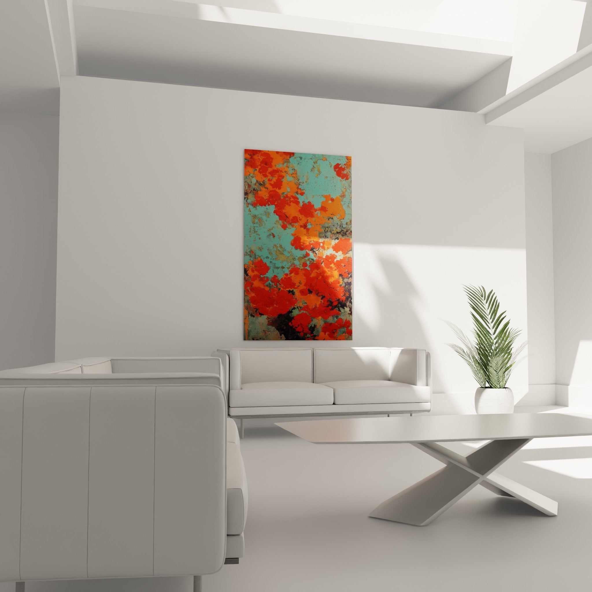 Textured abstract painting detail turquoise red orange copper patina effect feng shui south fire