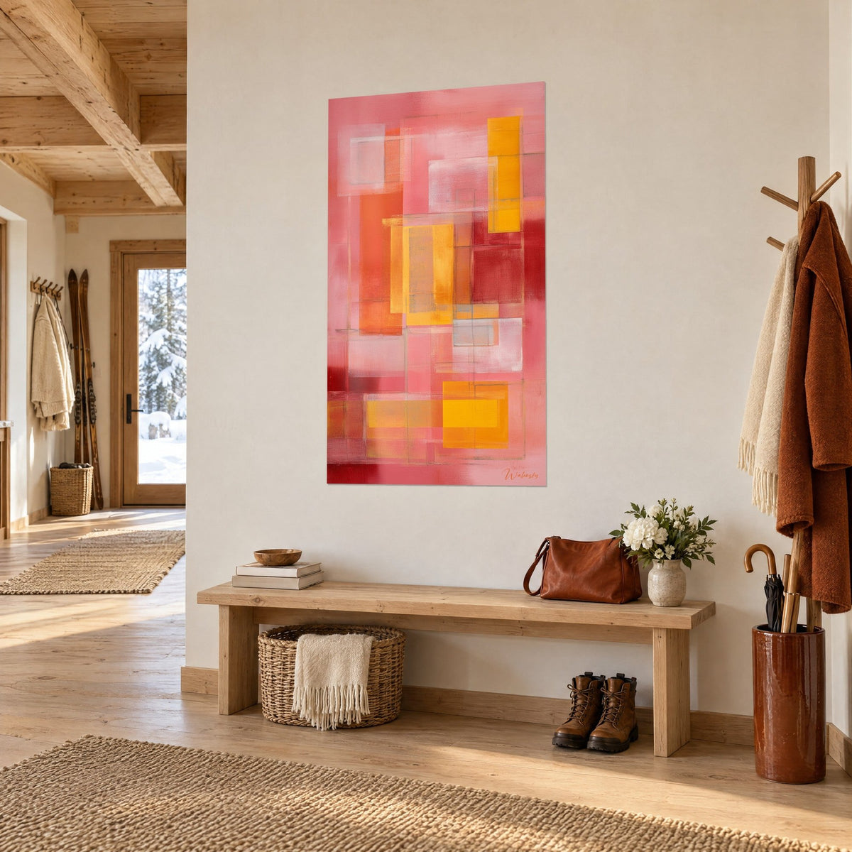 Wall art mosaic of translucent carmine red and amber squares, soft pink, in the wooden entrance hall of the chalet