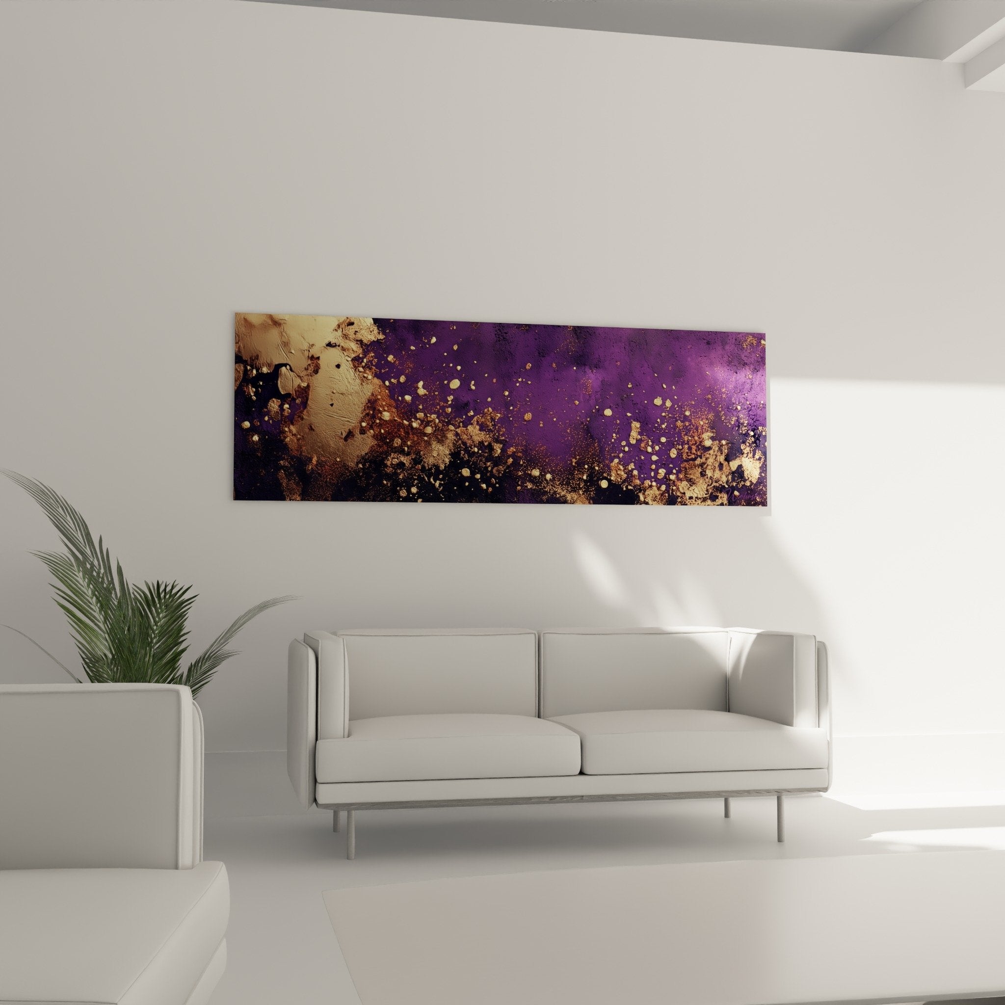 Detail of bronze metallic textures and golden projections on deep purple background