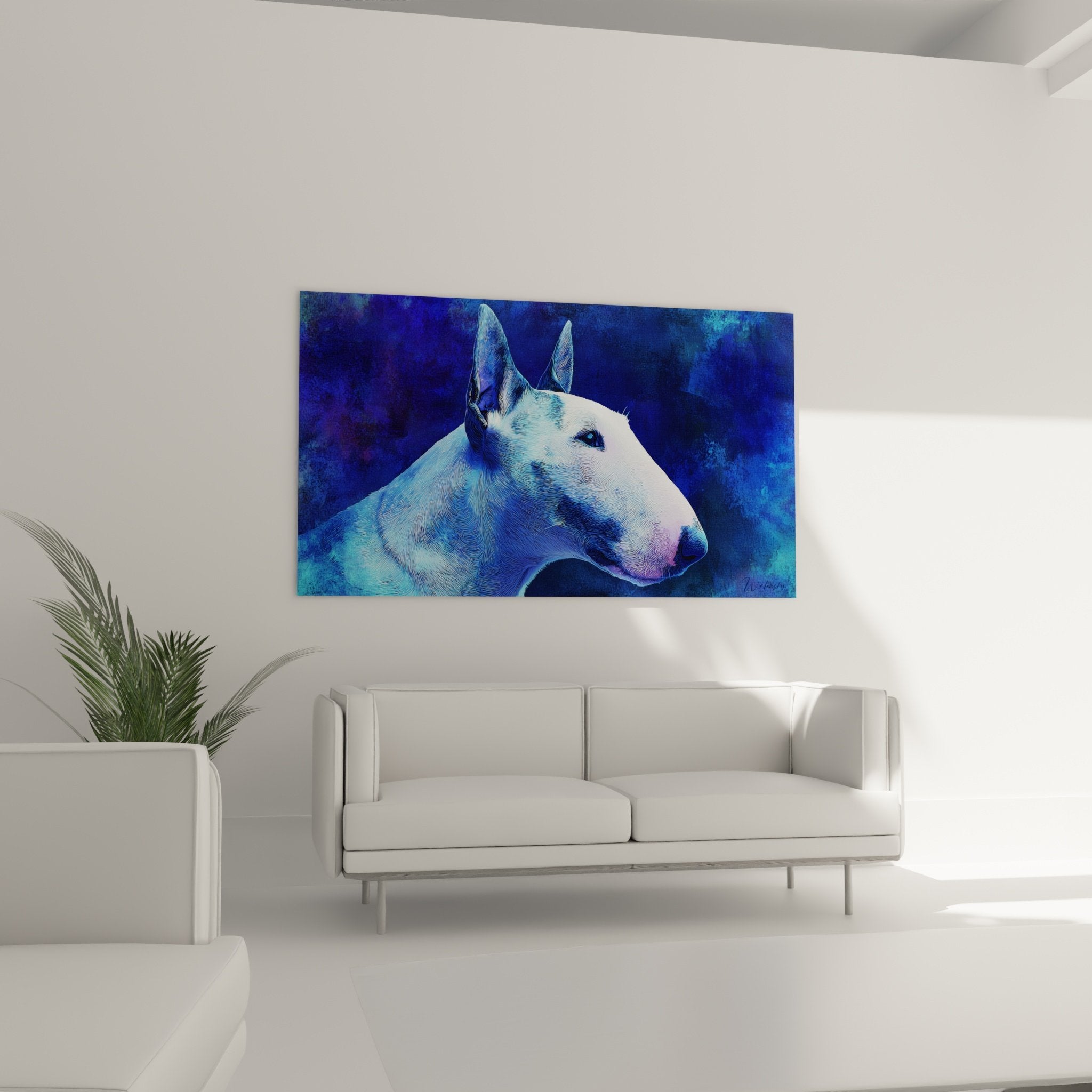 Detailansicht Textur Gravur Bull Terrier Blau Schraffuren metallisch violette Reflexe künstlerische Technik