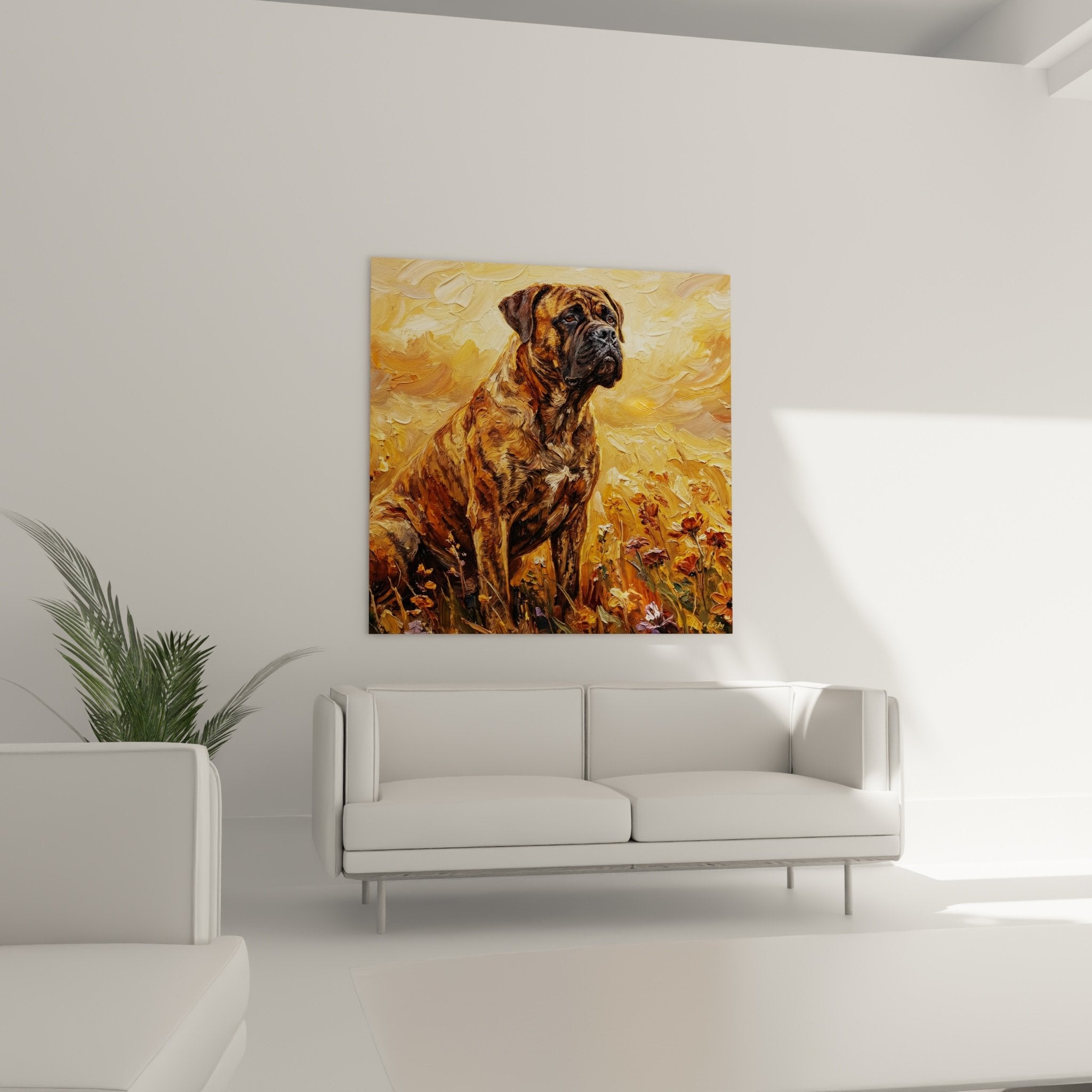 Detail texture empâtements peinture bullmastiff pelage brindle nuances cuivrees dorees