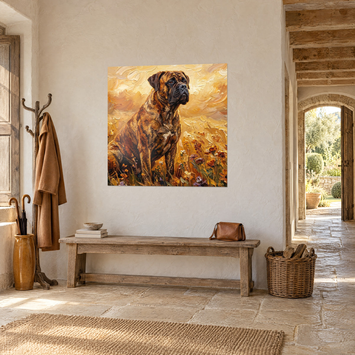 Quadro molosso dal pelo fulvo striato di bruno, fiori color ruggine nell'erba, visto di tre quarti davanti a un arco di pietra soleggiato