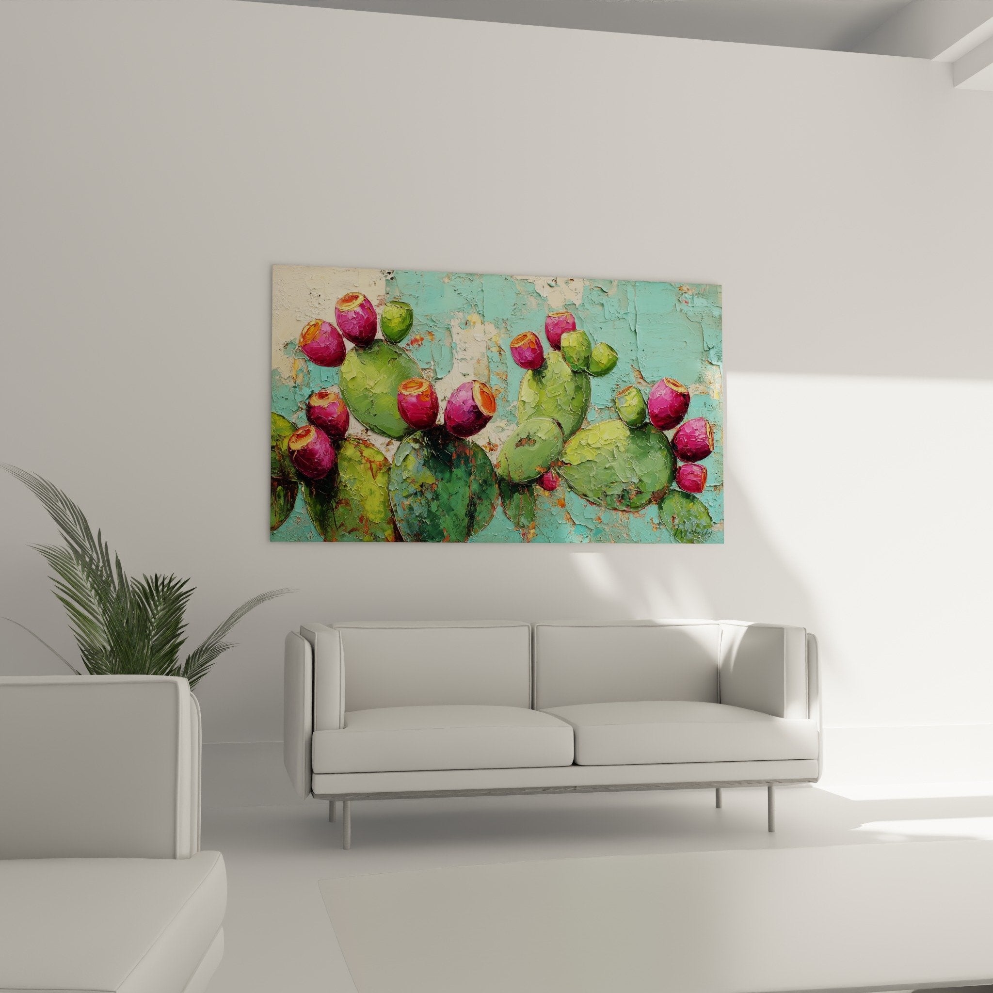 Détail texture empâtement cactus fruits roses, technique picturale relief peinture épaisse