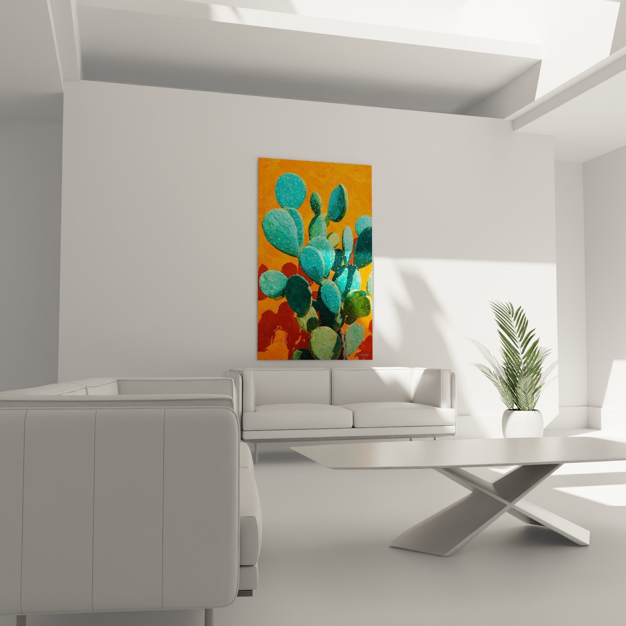 Gros plan texture relief peinture cactus turquoise epines dorees orange cubisme moderne