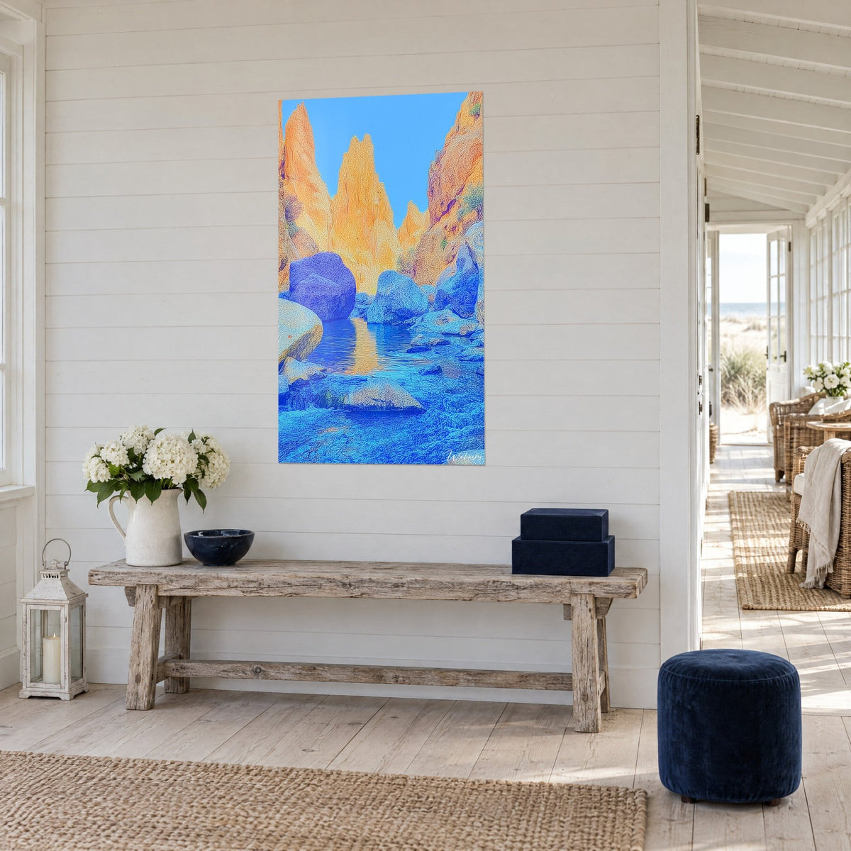 Wall art gorge with golden ochre cliffs over turquoise water, midnight blue rocks reflected, three-quarter view, whitewashed wooden bench
