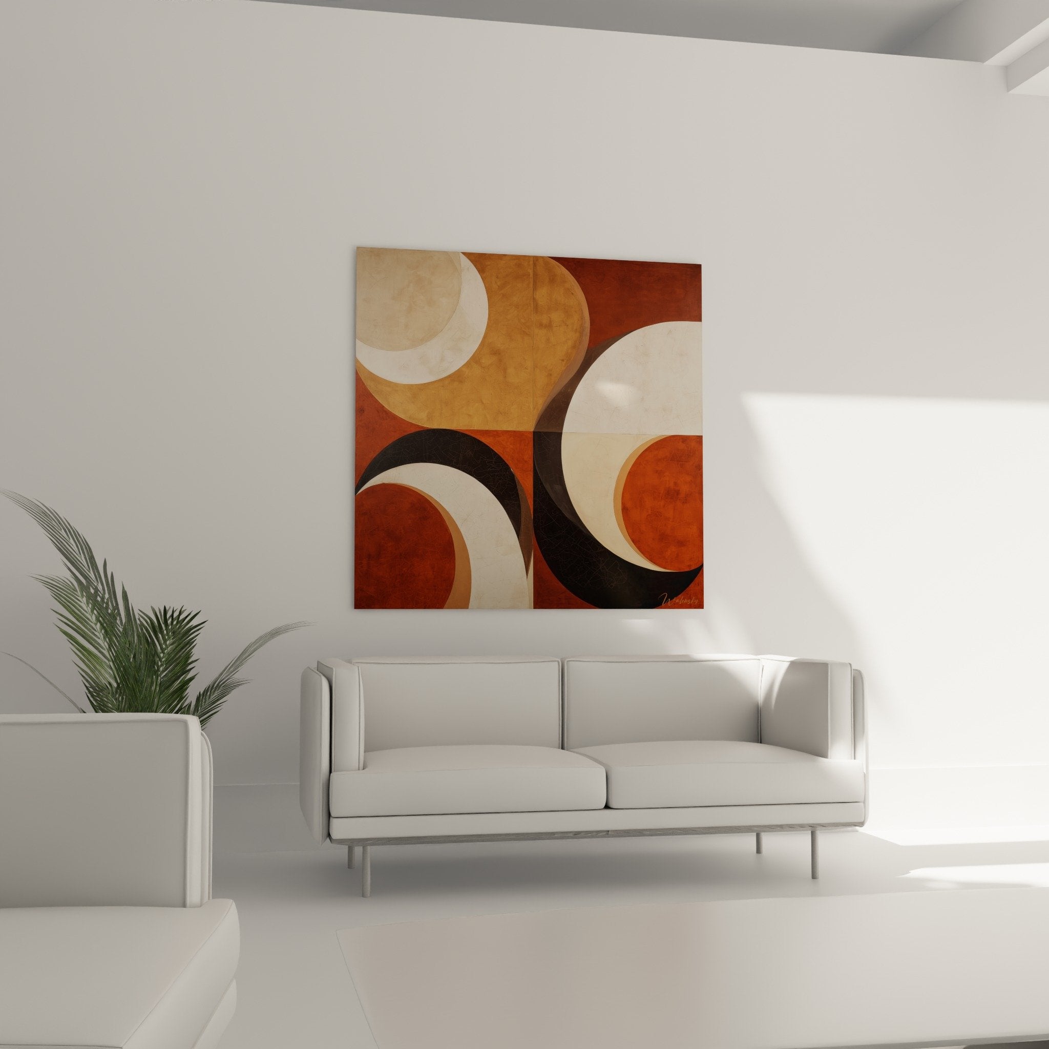 detail texture tableau abstrait cercles entrelaces palette ocre terracotta noir finition satinee moderne