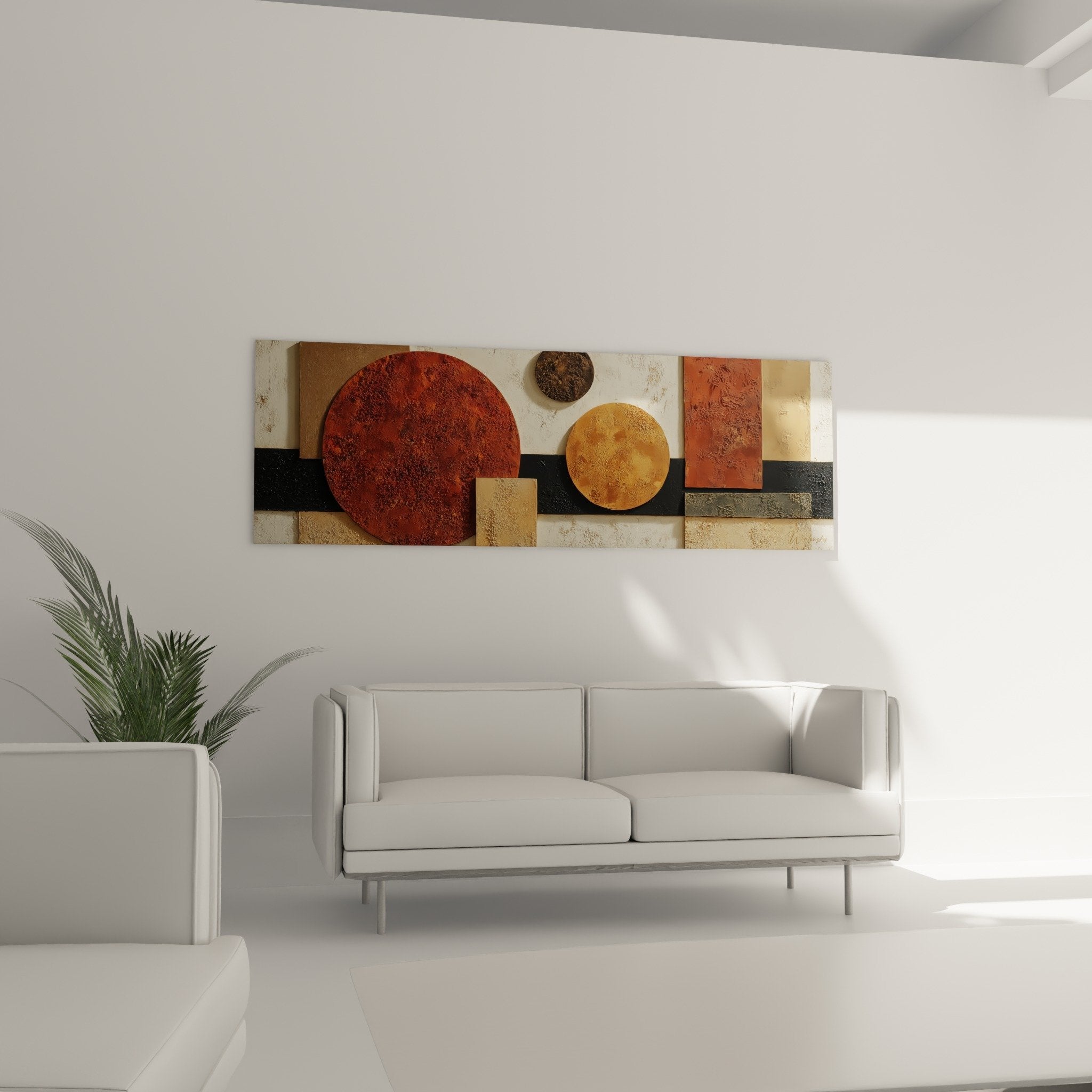 Detail texture tableau abstrait cercles rouille ocre patine minerale composition geometrique moderne