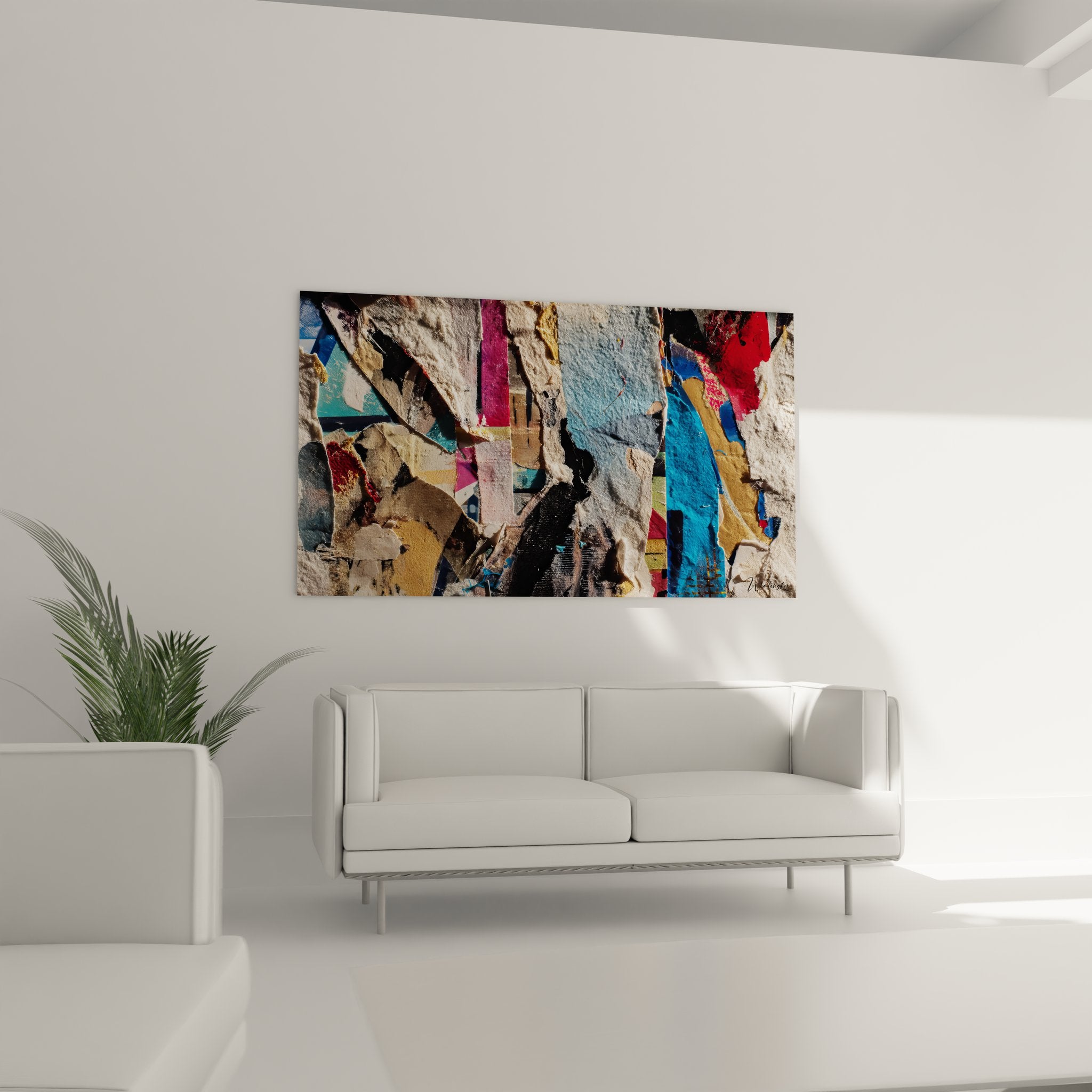 Détail texture collage abstrait, fragments papier déchiré et peinture superposée art urbain