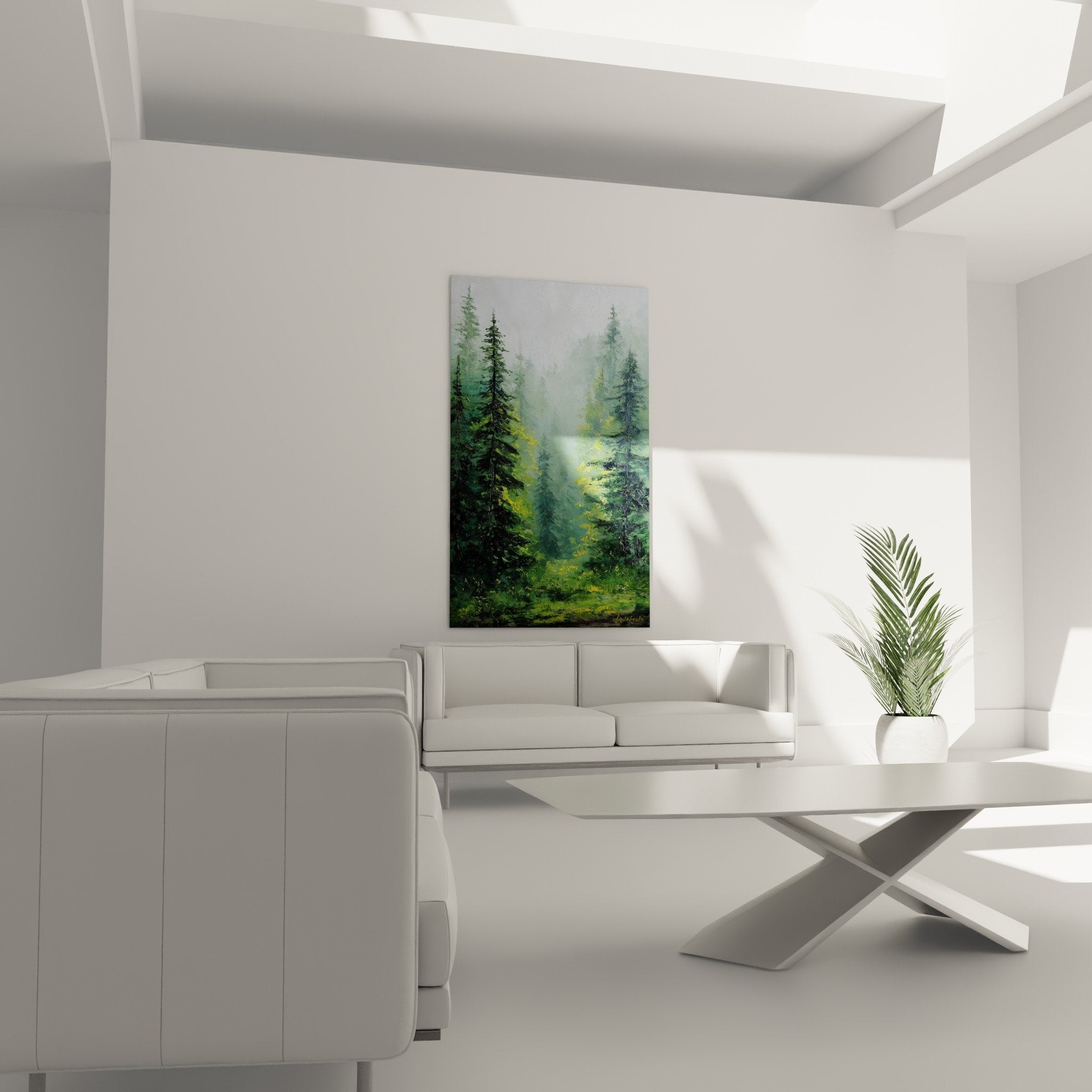 Detailpinselstriche grüne Nadelbäume Nebel Feng-Shui Wandbild Holzrahmen strukturierte Malerei natürliches Licht