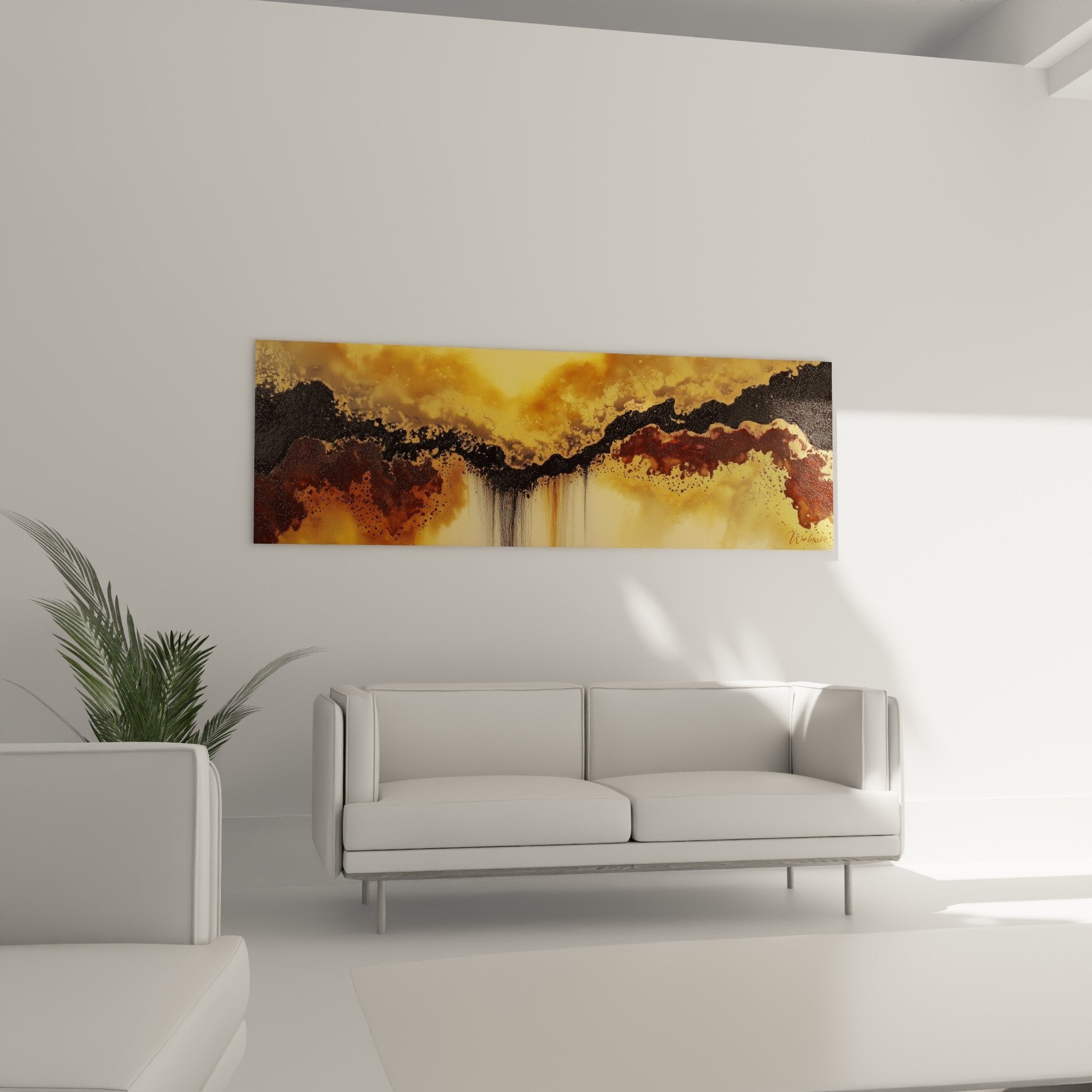 Détail texture granuleuse tableau abstrait coulées dorées effets matière minérale terre brûlée feng shui