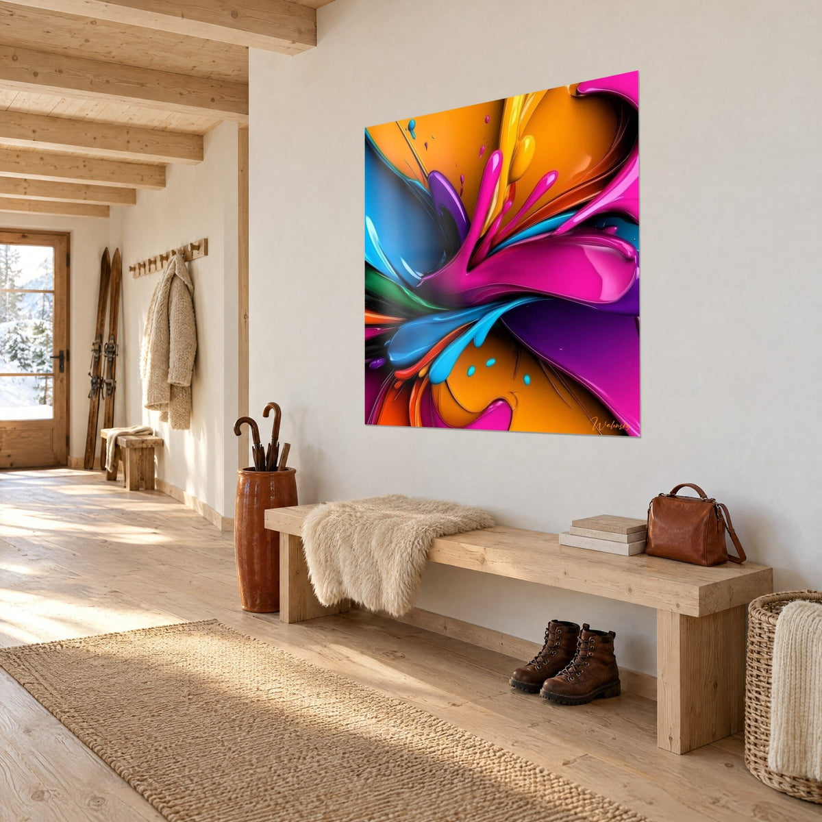 Cuadro con explosión de color vitrificado, chorros magenta y violeta sobre fondo ámbar, vista de tres cuartos de una pared clara de chalet