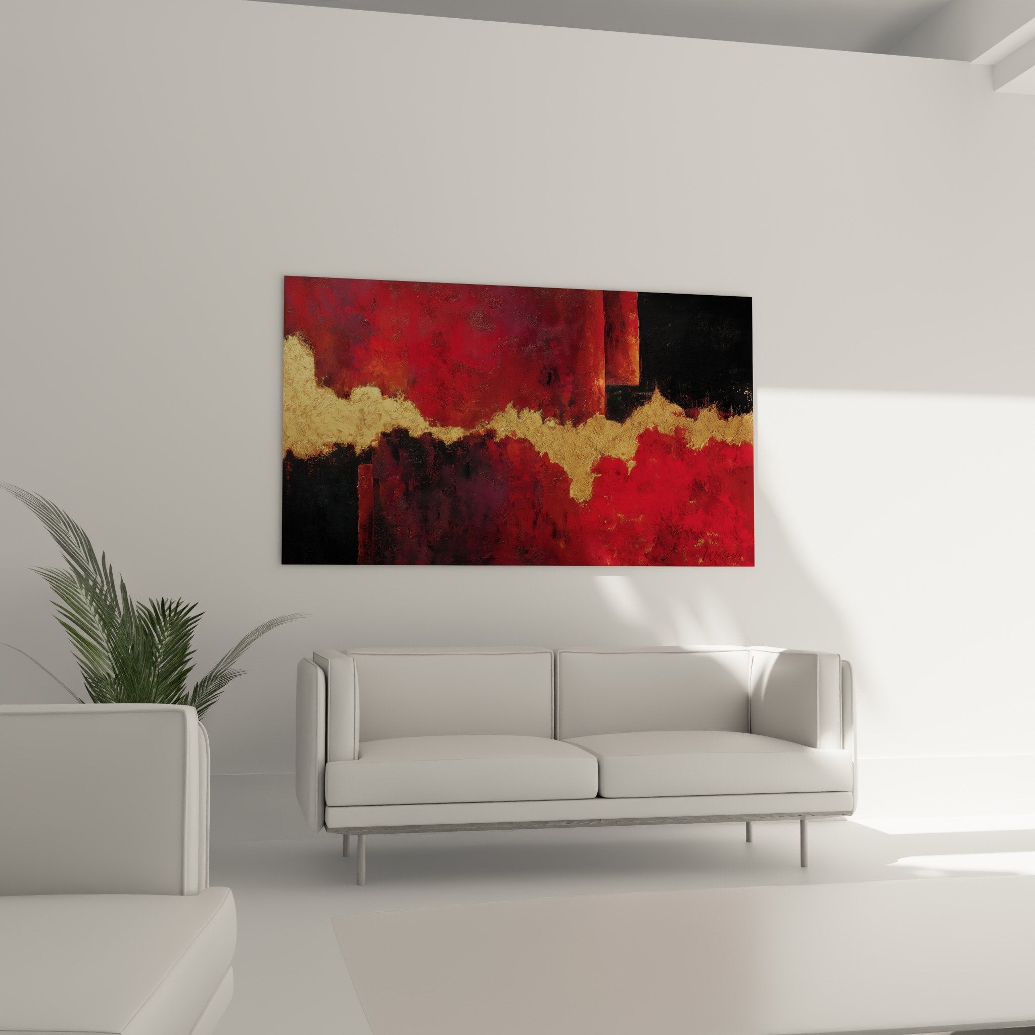 Détail texture tableau abstrait montrant coulée dorée sur fond rouge bordeaux et noir profond