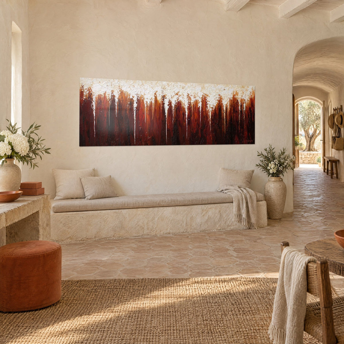 Wall art, abstract crimson drips beneath thick white foam, lime-washed wall, stone bench, Provençal farmhouse