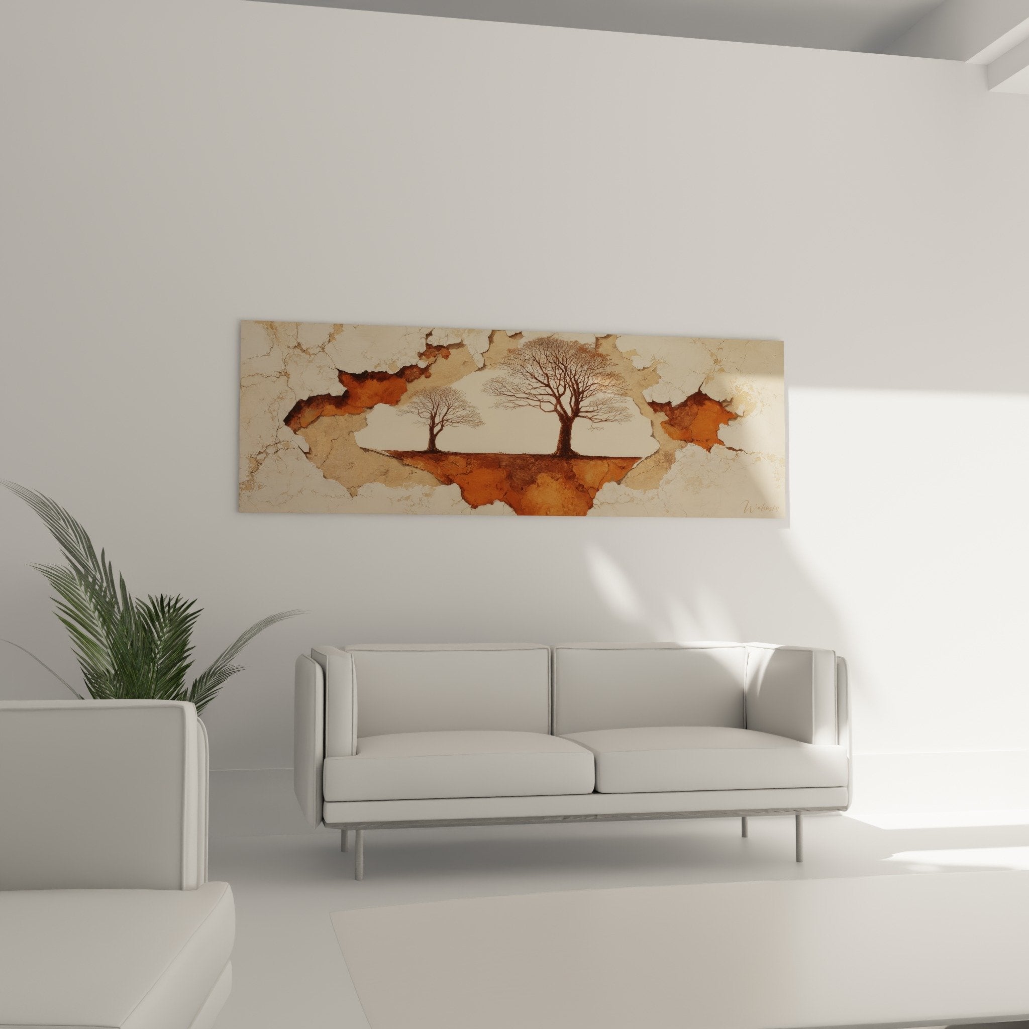 Cracked texture detail and tree branches from North-East Earth Feng shui artwork in ochre tones