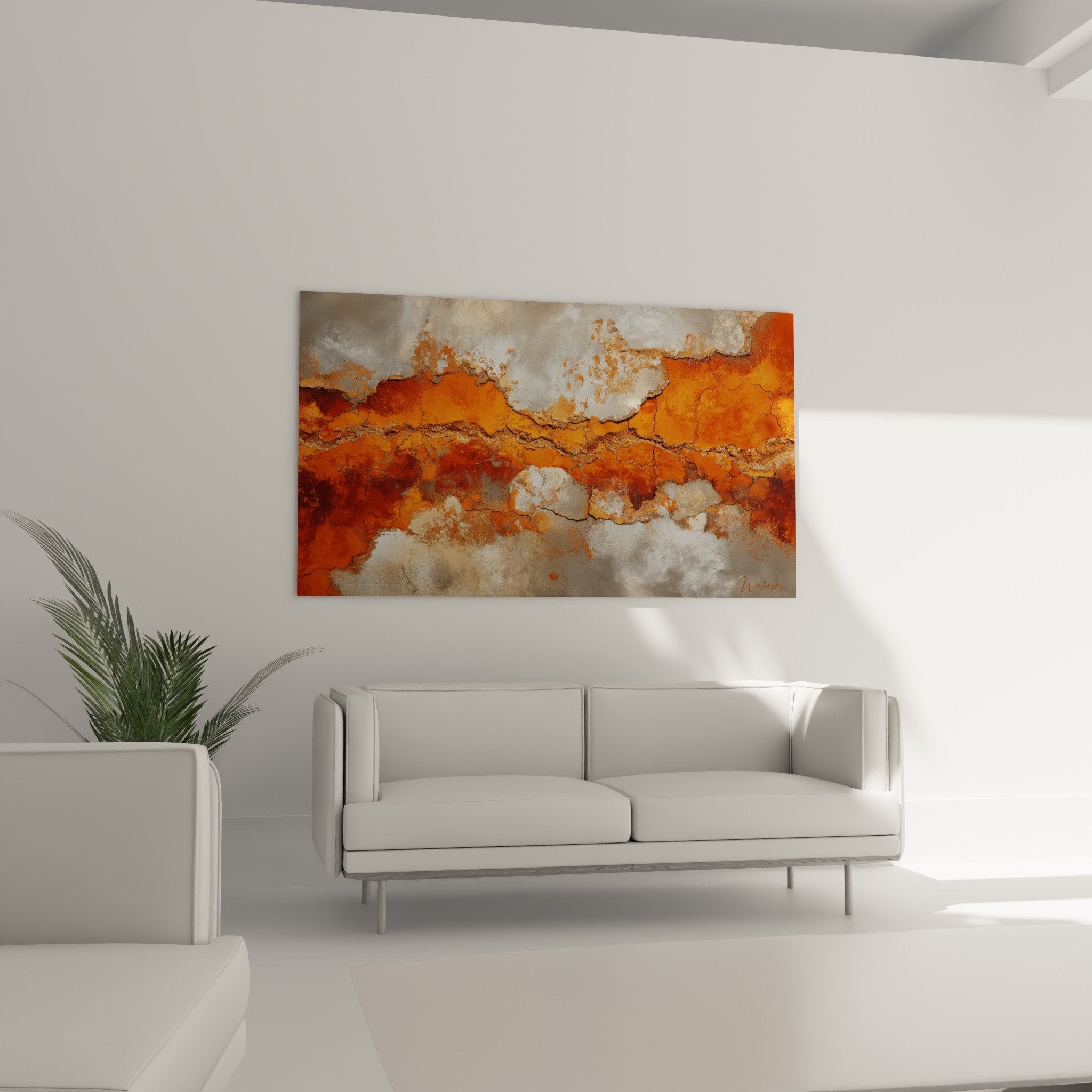 Close-up detail of cracked textures in burnt orange and beige abstract geological feng shui style wall art