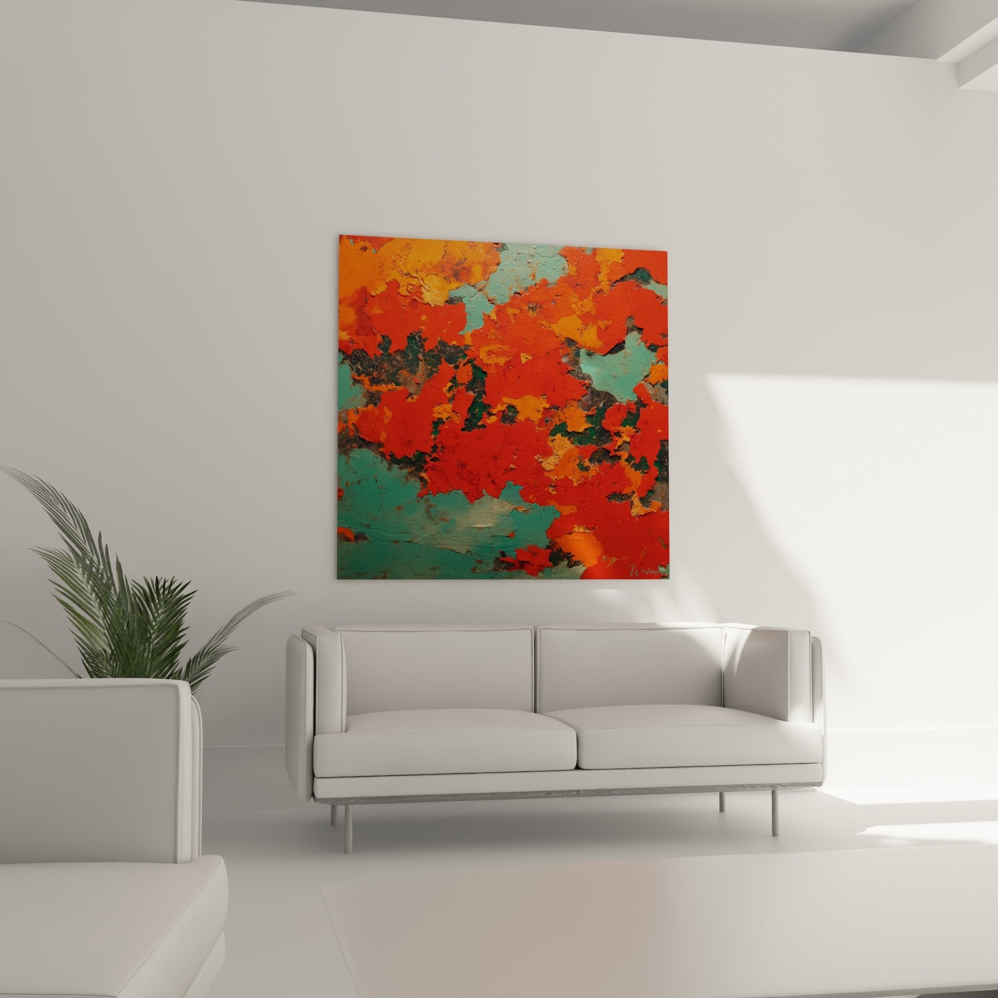 Detail texture craquele peinture rouge turquoise matiere epaisse tableau abstrait feng shui