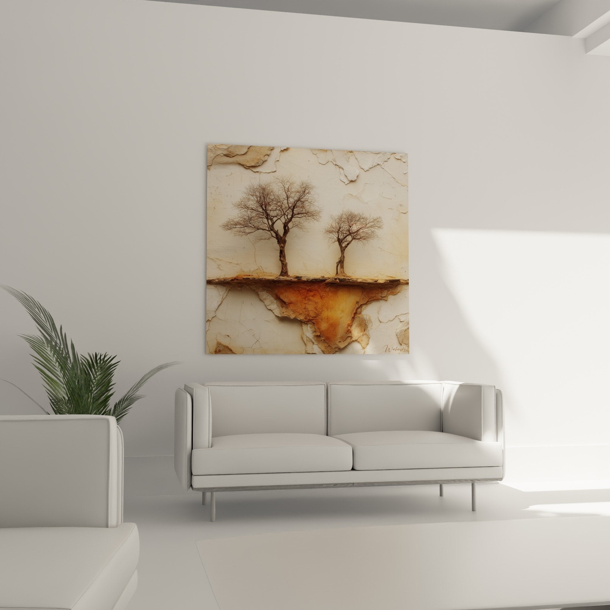 Crackle texture detail wall art trees branches delicate earthy ochre and umber shades feng shui