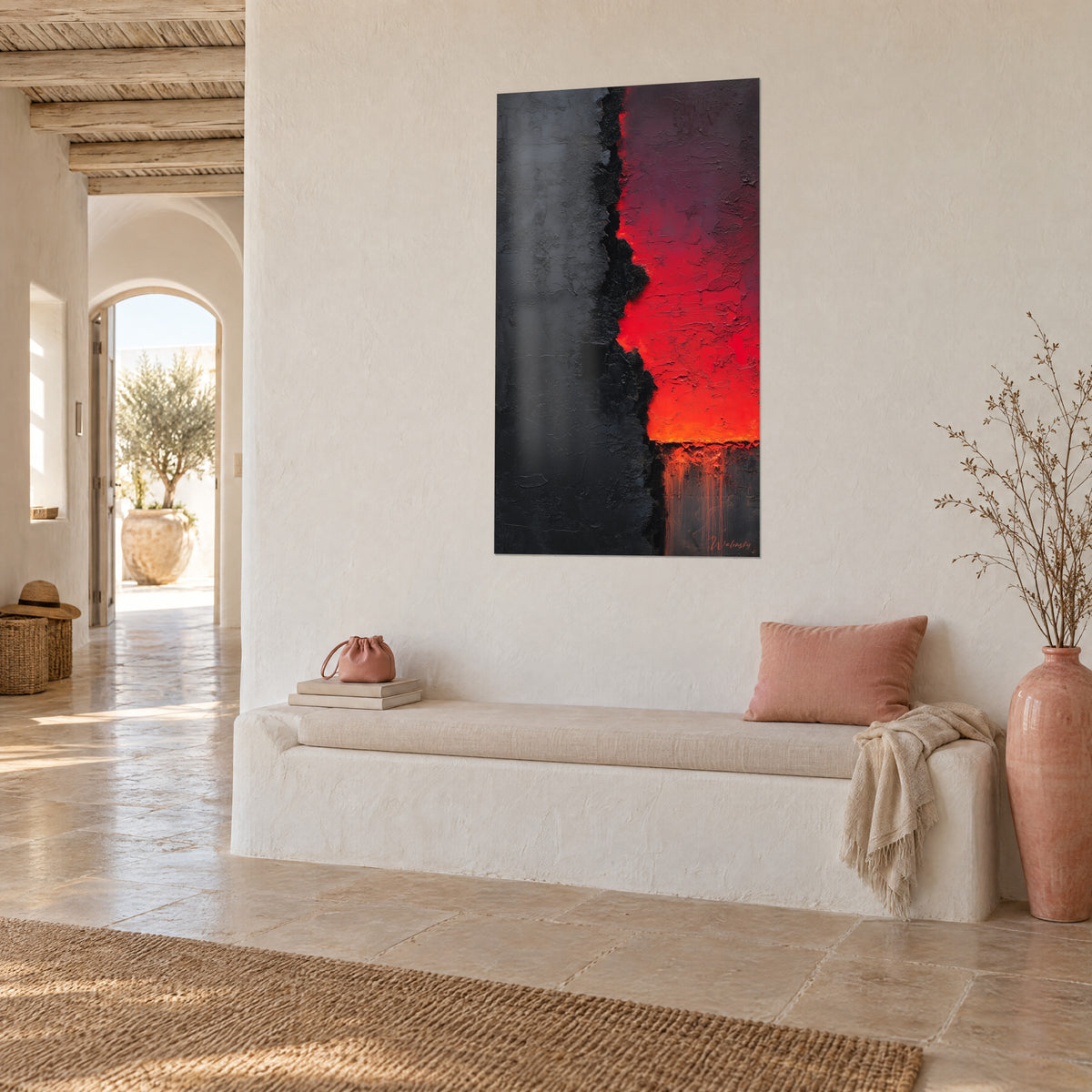 Gemälde mit scharlachrot glühender und schwarz geborstener Lava, Dreiviertelansicht, weiße Sitzbank und Bogen, mediterranes Haus