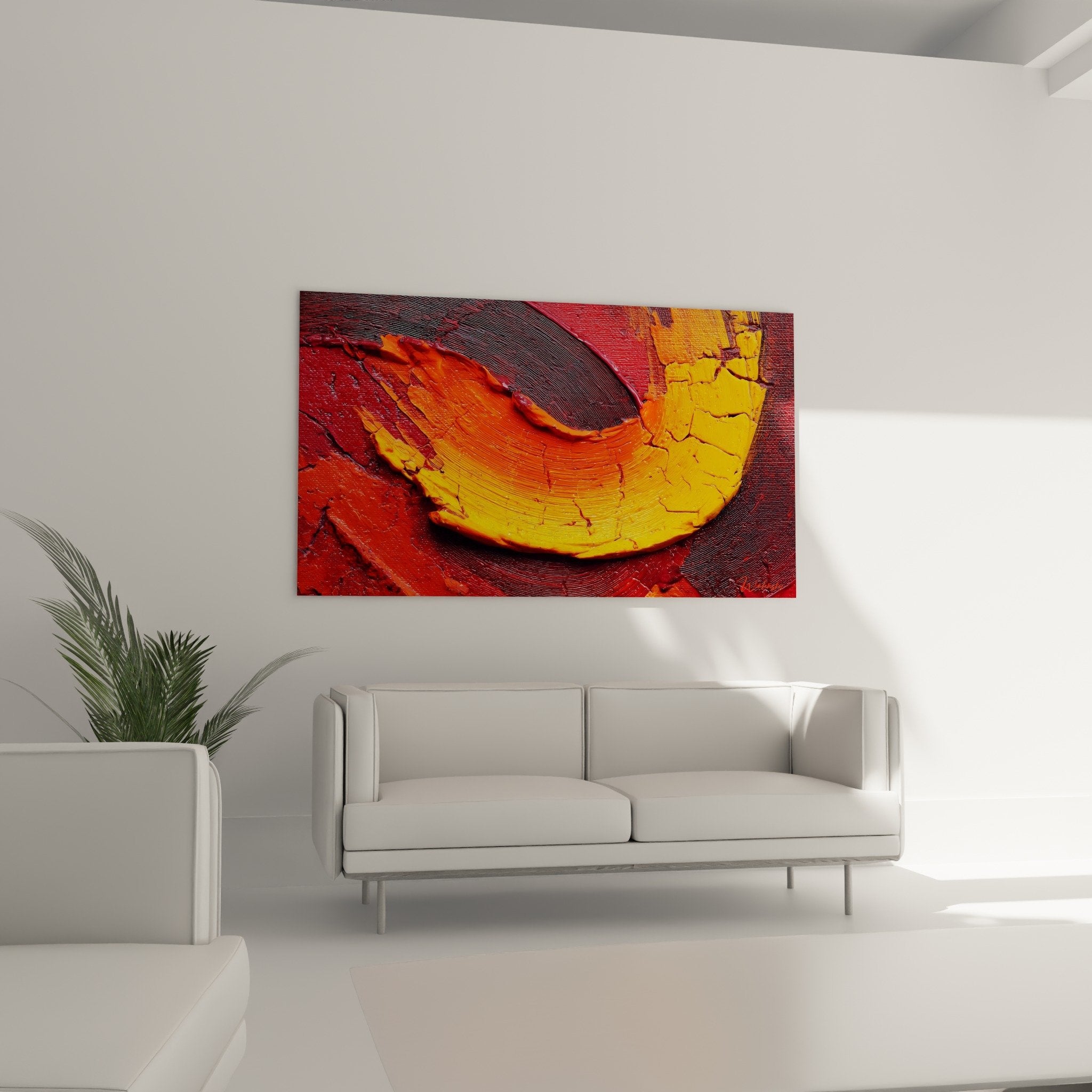 Détail texture craquelée peinture abstraite orange jaune rouge empâtement matière épaisse