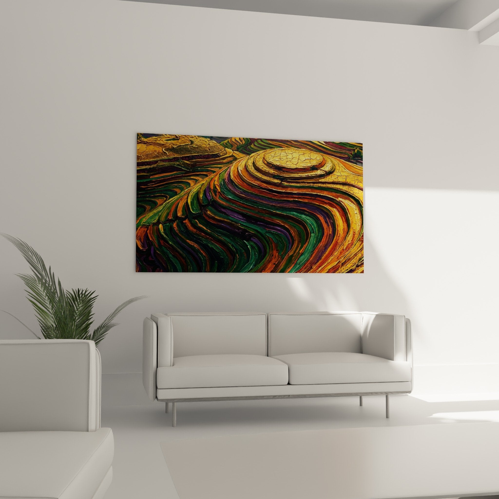 Detailansicht strukturierte Risse goldene grüne violette Spiralen zeitgenössische Malerei Nahaufnahme Material Reisfelder