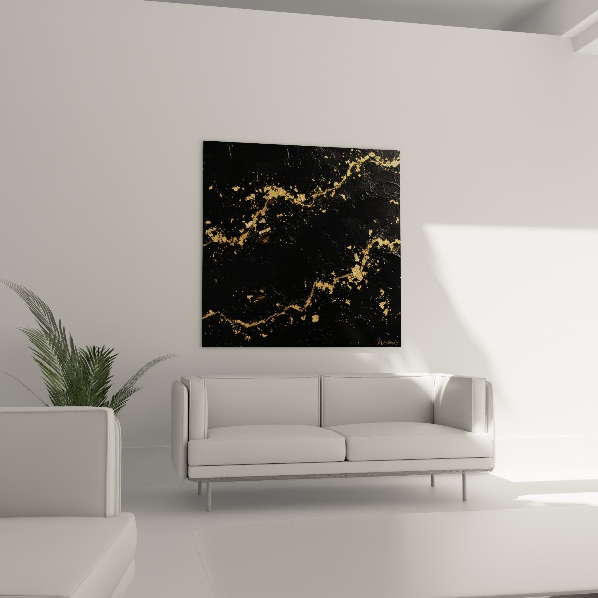 Cracked texture detail and golden veins on black background japandi abstract artwork