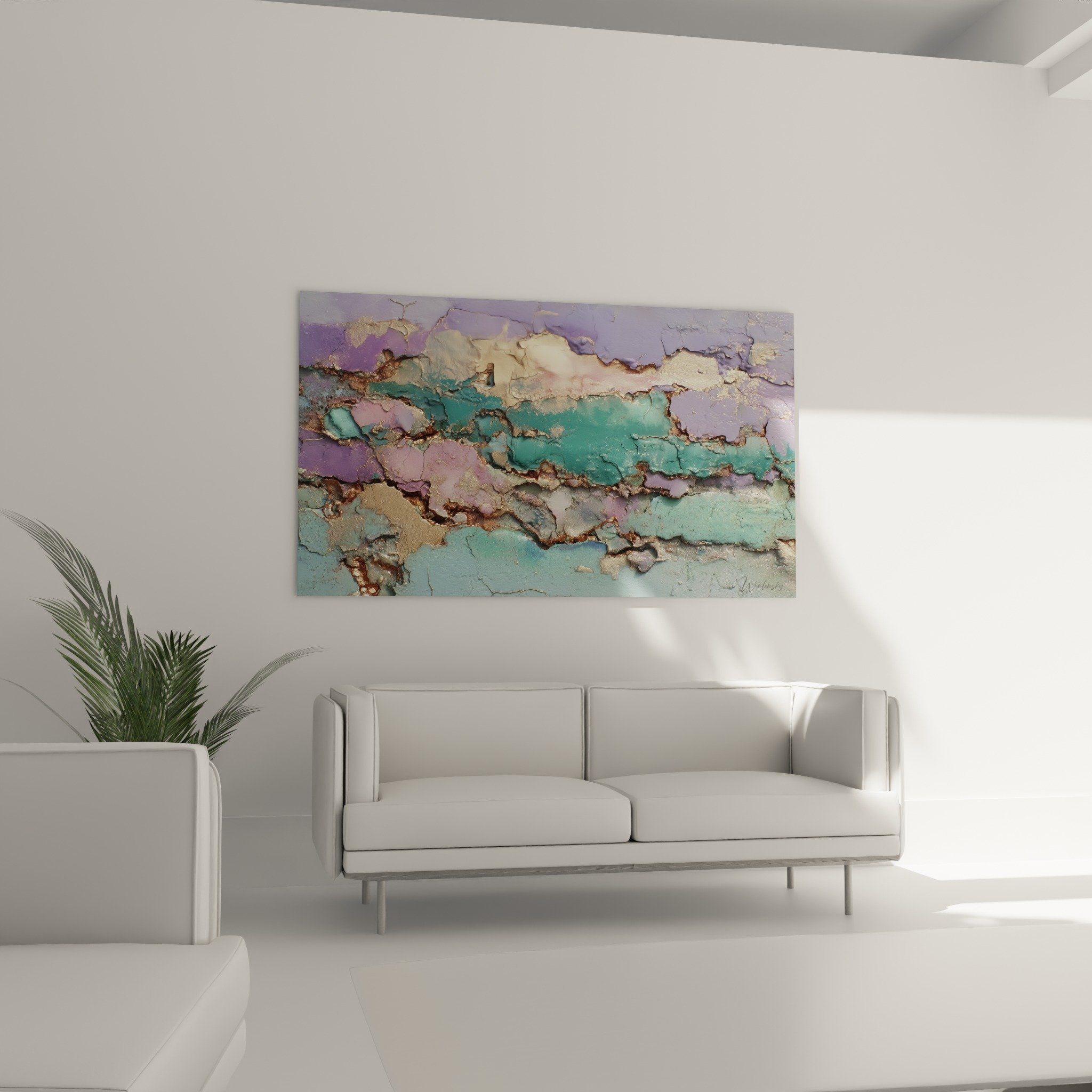 Crackle texture detail abstract painting turquoise purple golden accents feng shui