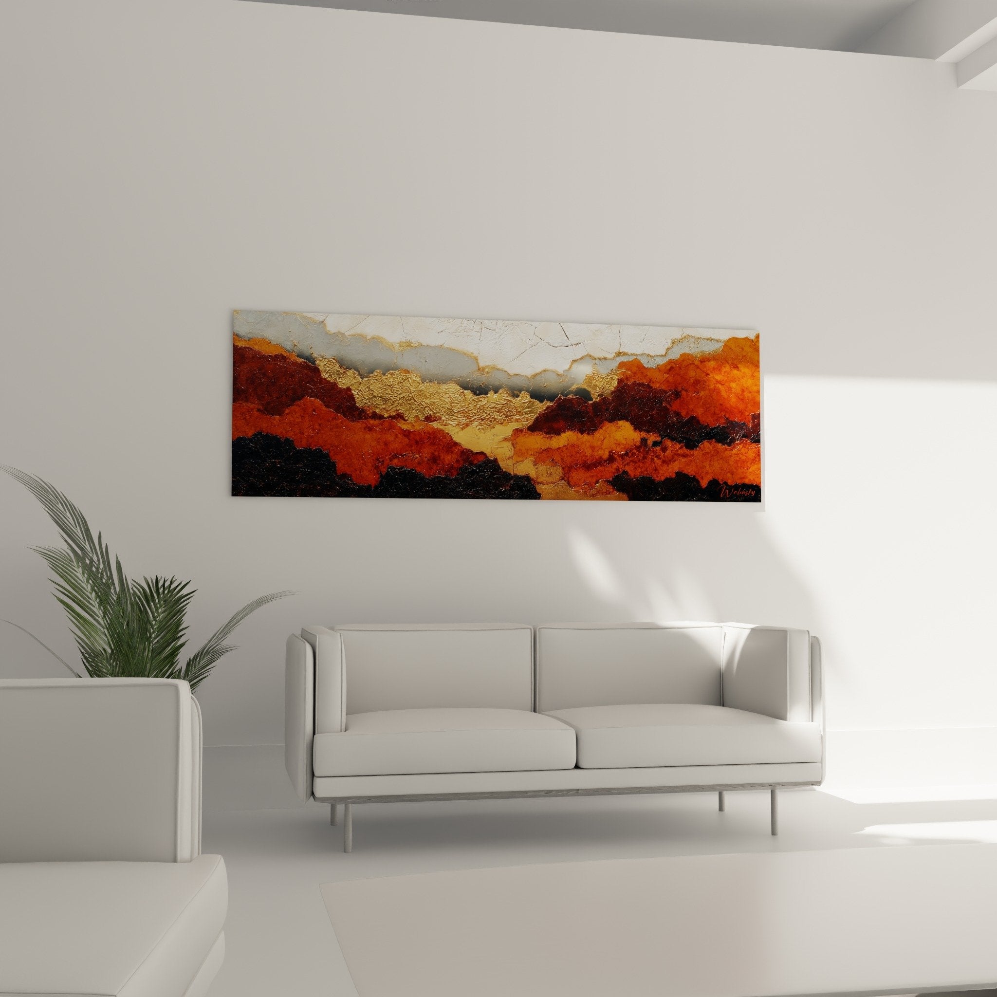Détail rapproché de la texture rugueuse et des nuances cuivrées dorées du tableau abstrait feng shui terre