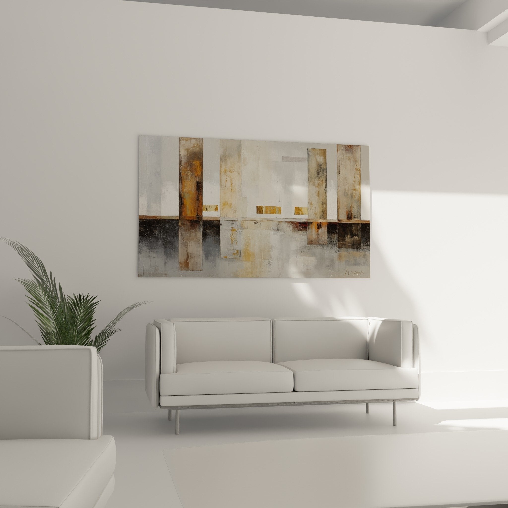 Detailaufnahme Bürstentextur goldener Impasto Ocker abstraktes geometrisches Gemälde Feng Shui Westen
