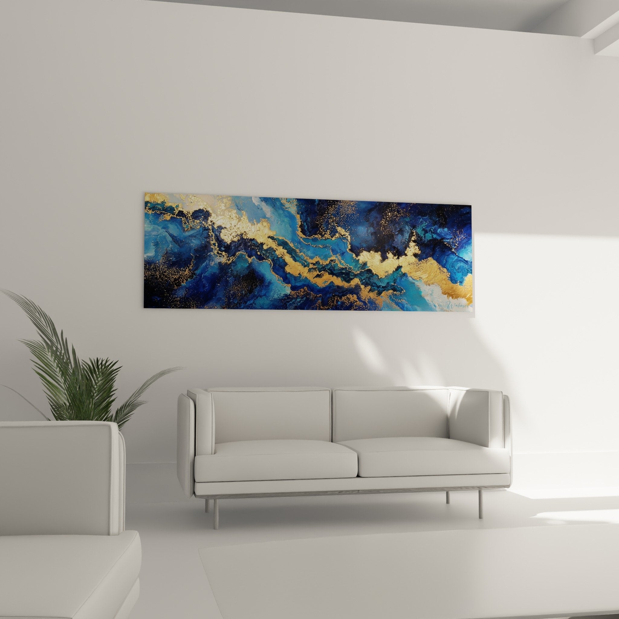 Fluid texture detail golden glitter on cobalt blue background abstract marine artwork feng shui water
