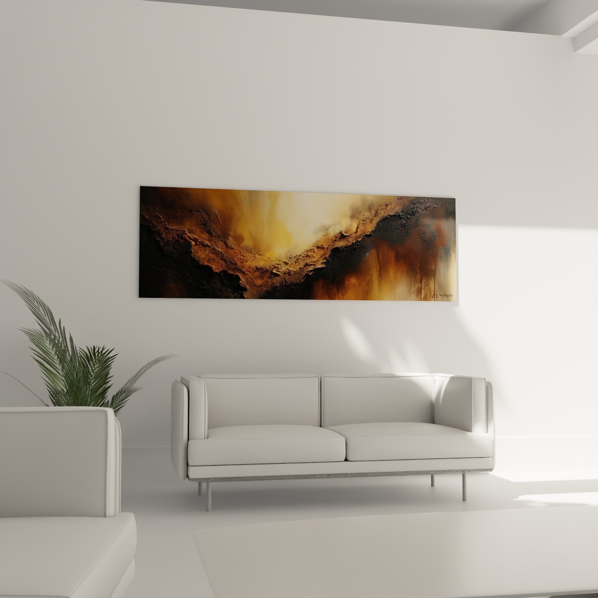 Textured impasto details copper gilding abstract painting - Mineral relief feng shui earth