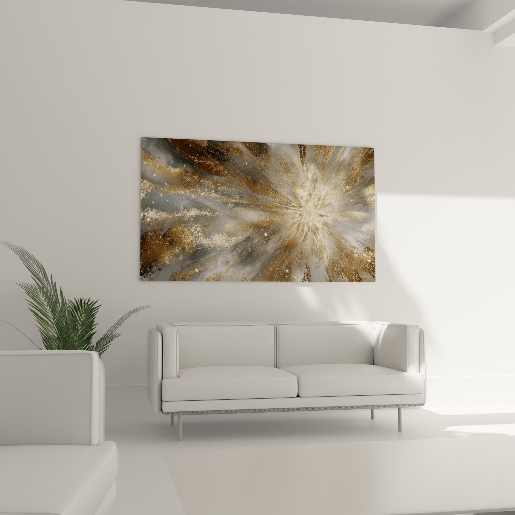 Détail rapproché texture dorée scintillante et effets lumineux du tableau abstrait contemporain