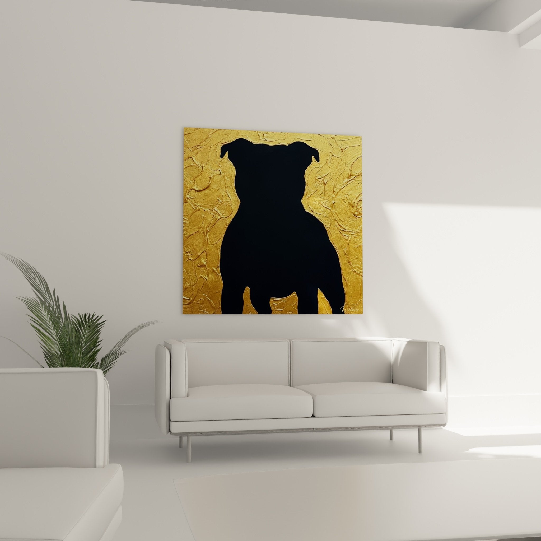 Detail texture doree relief metallique contraste silhouette noire chien art minimaliste luxe