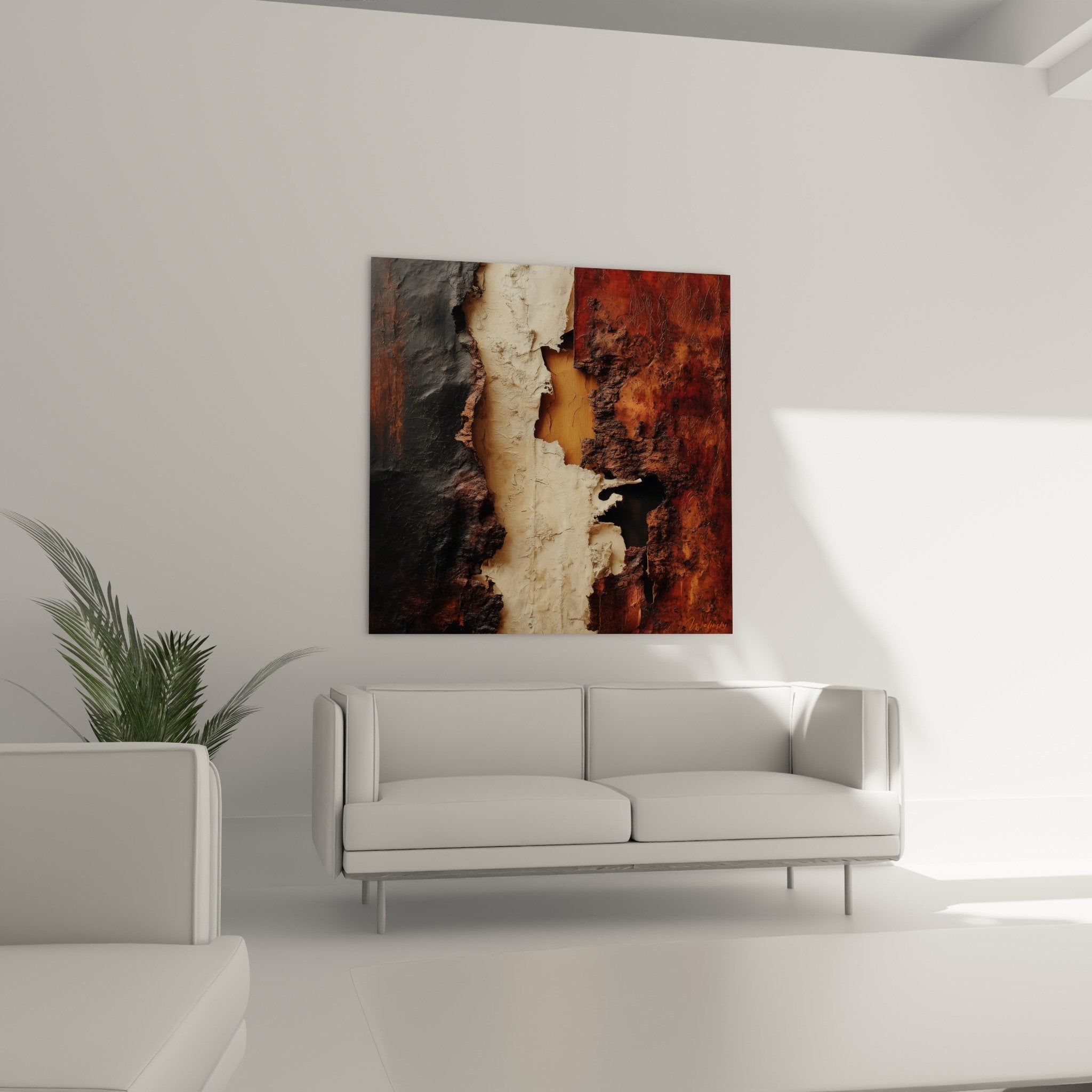 Detail texture ecaillee tableau abstrait relief peinture ocre rouille patine temporelle feng shui centre terre gros plan