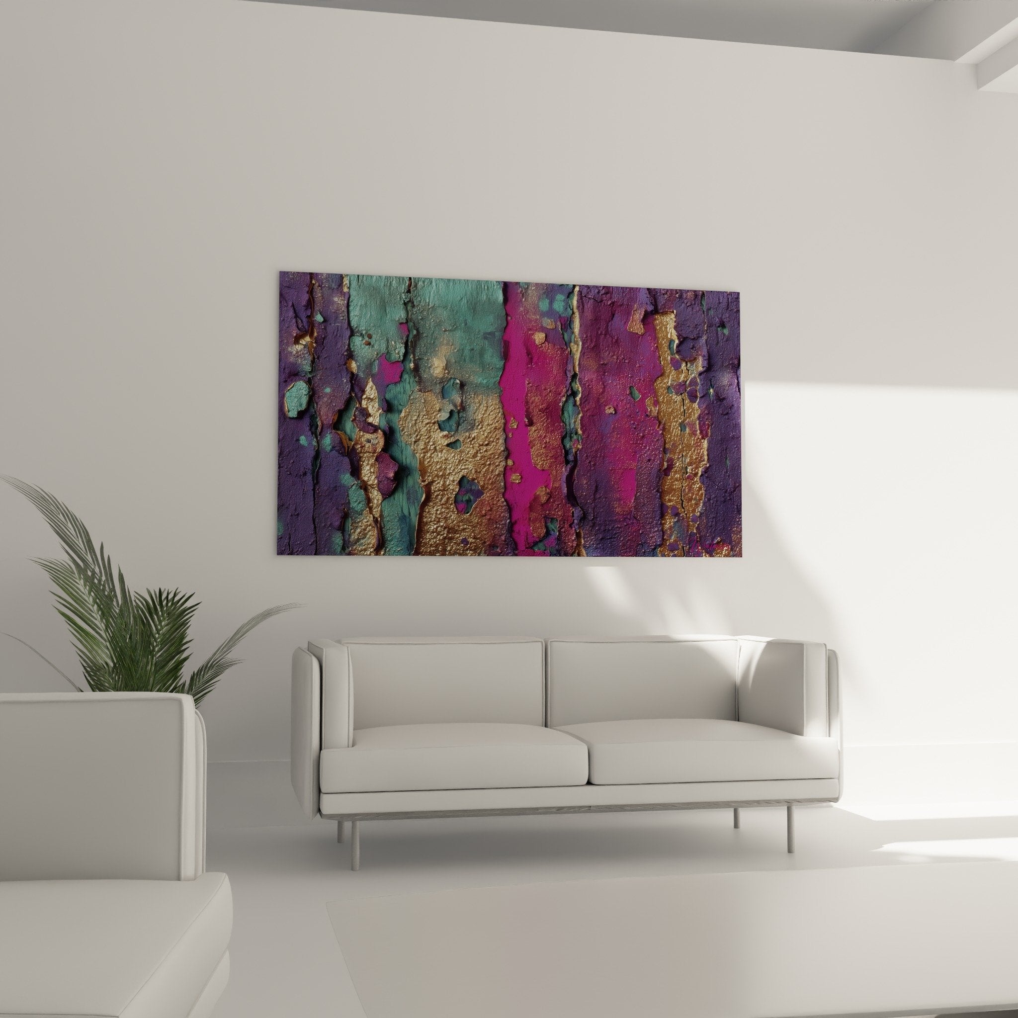 Textured detail peeling gilding cracks abstract purple turquoise painting feng shui southeast wood