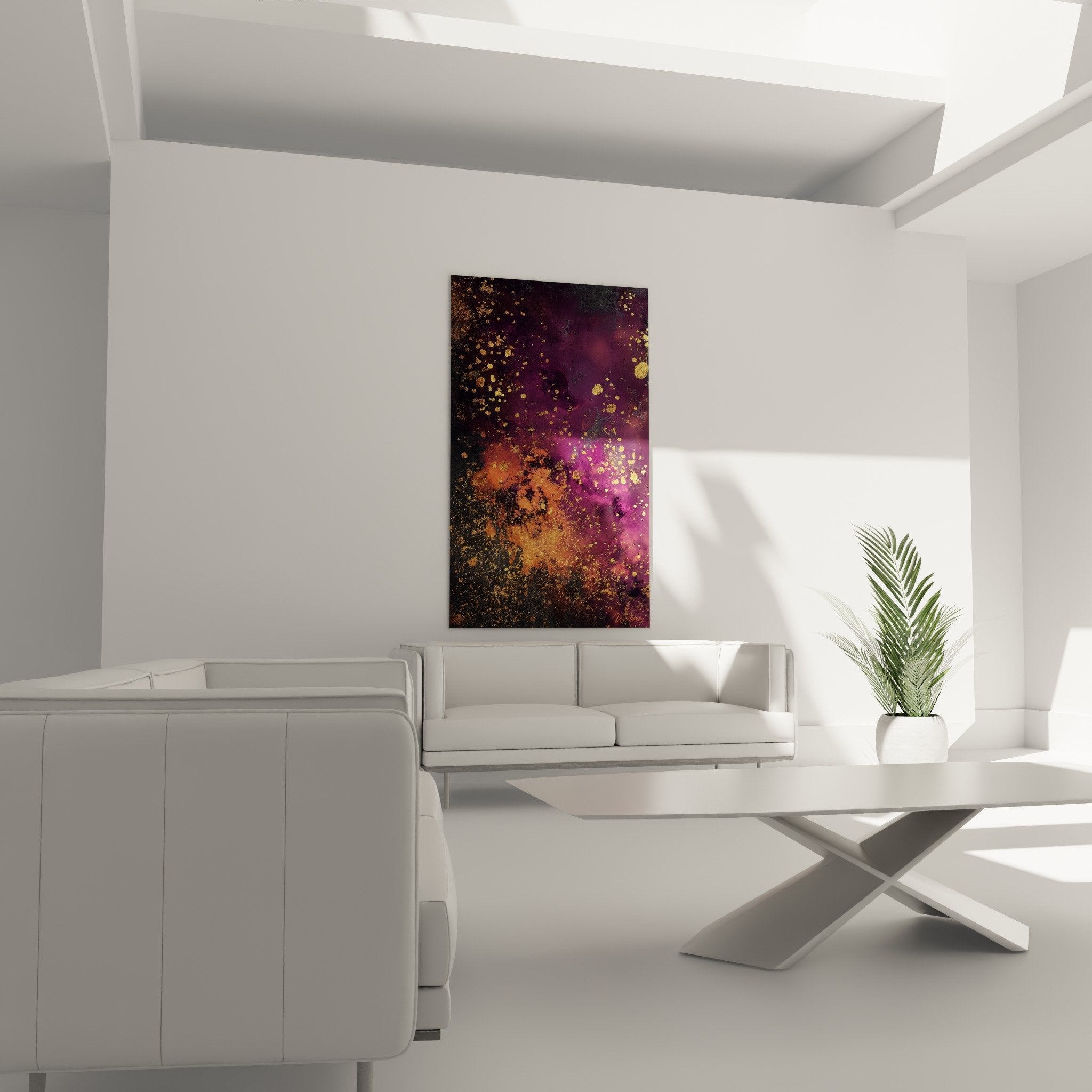 Detail golden splashes textured abstract painting purple orange luminous reflections constellation