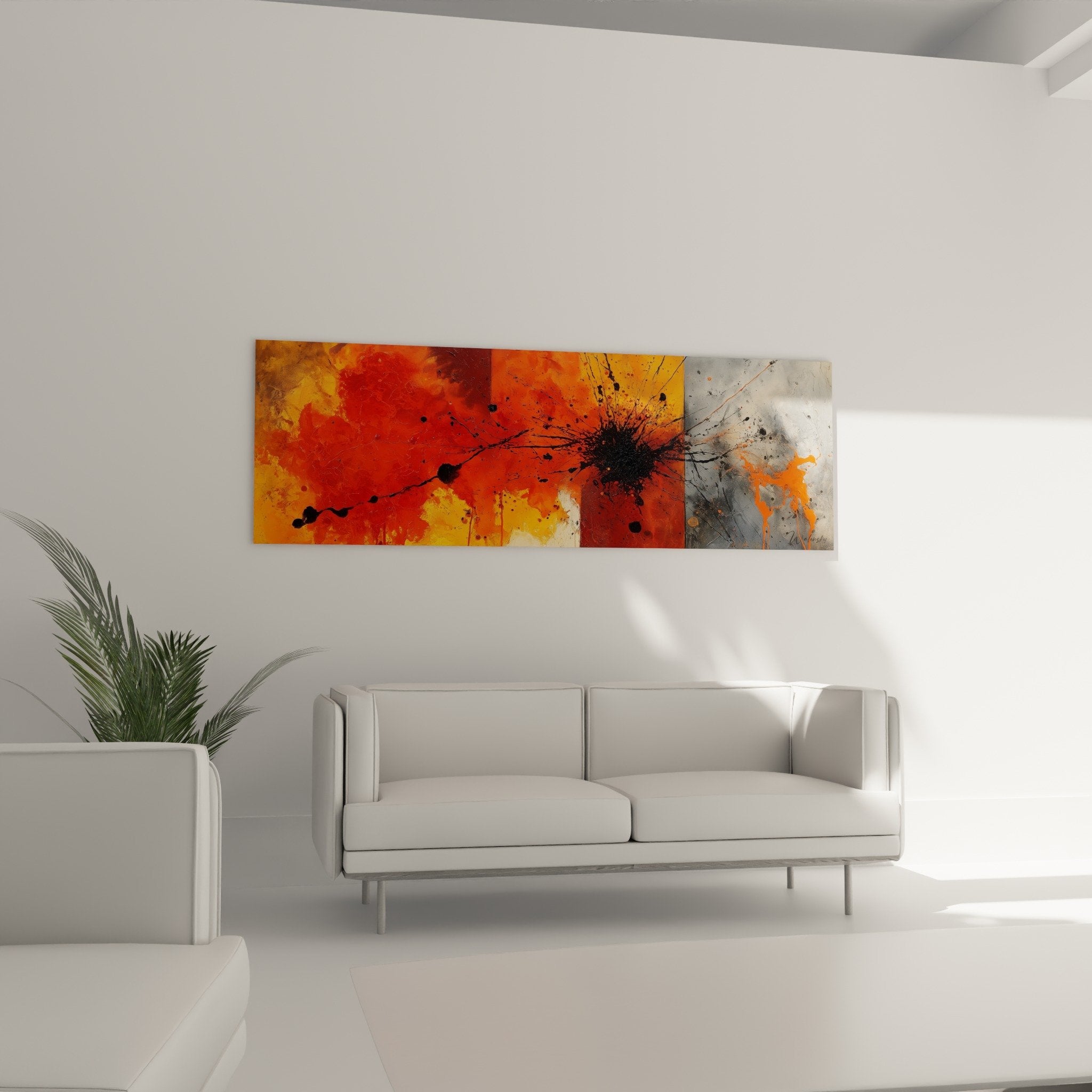 detail texture tableau abstrait eclaboussures noires sur fond orange rouge matiere picturale