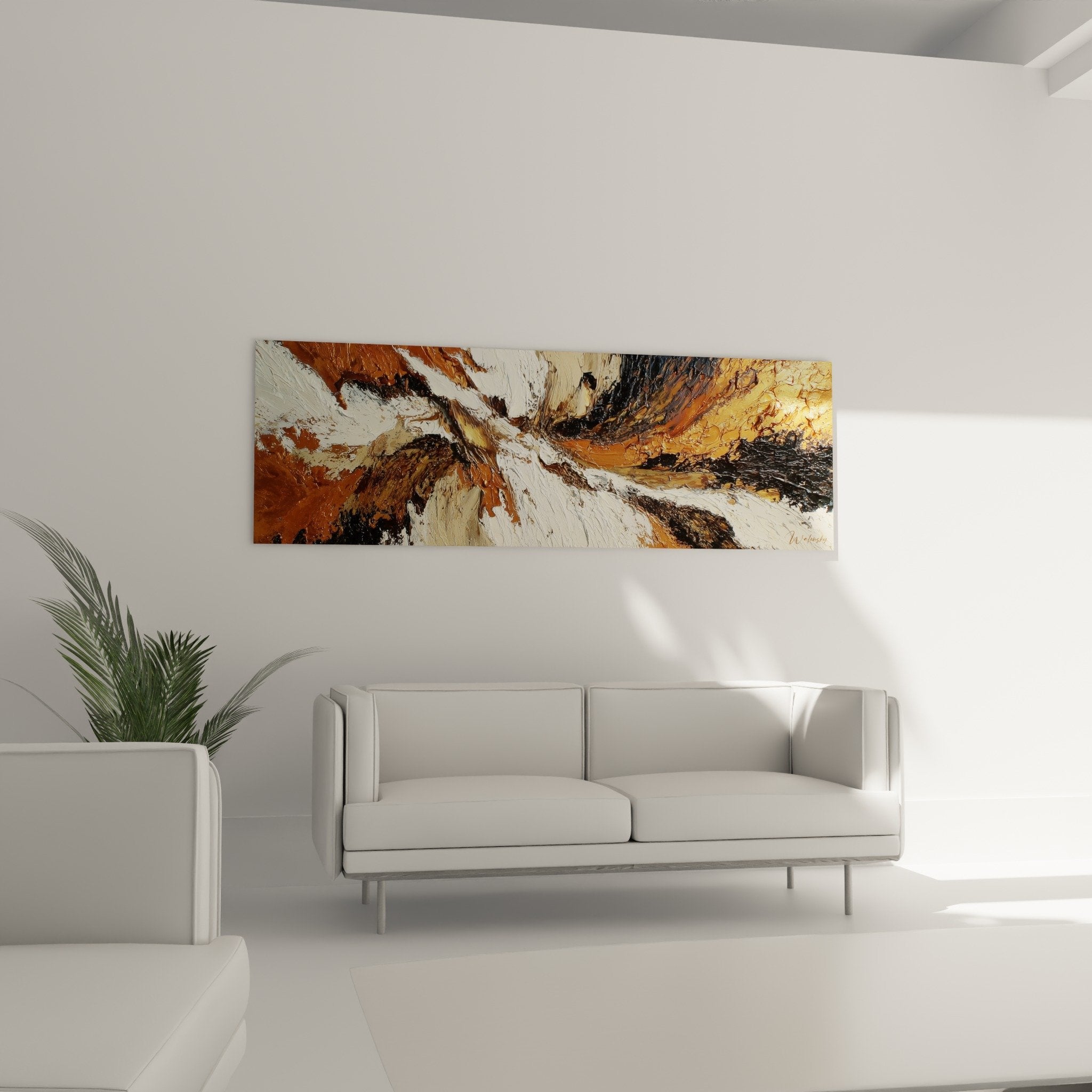 Textured abstract painting detail ochre white impasto relief material feng shui northeast