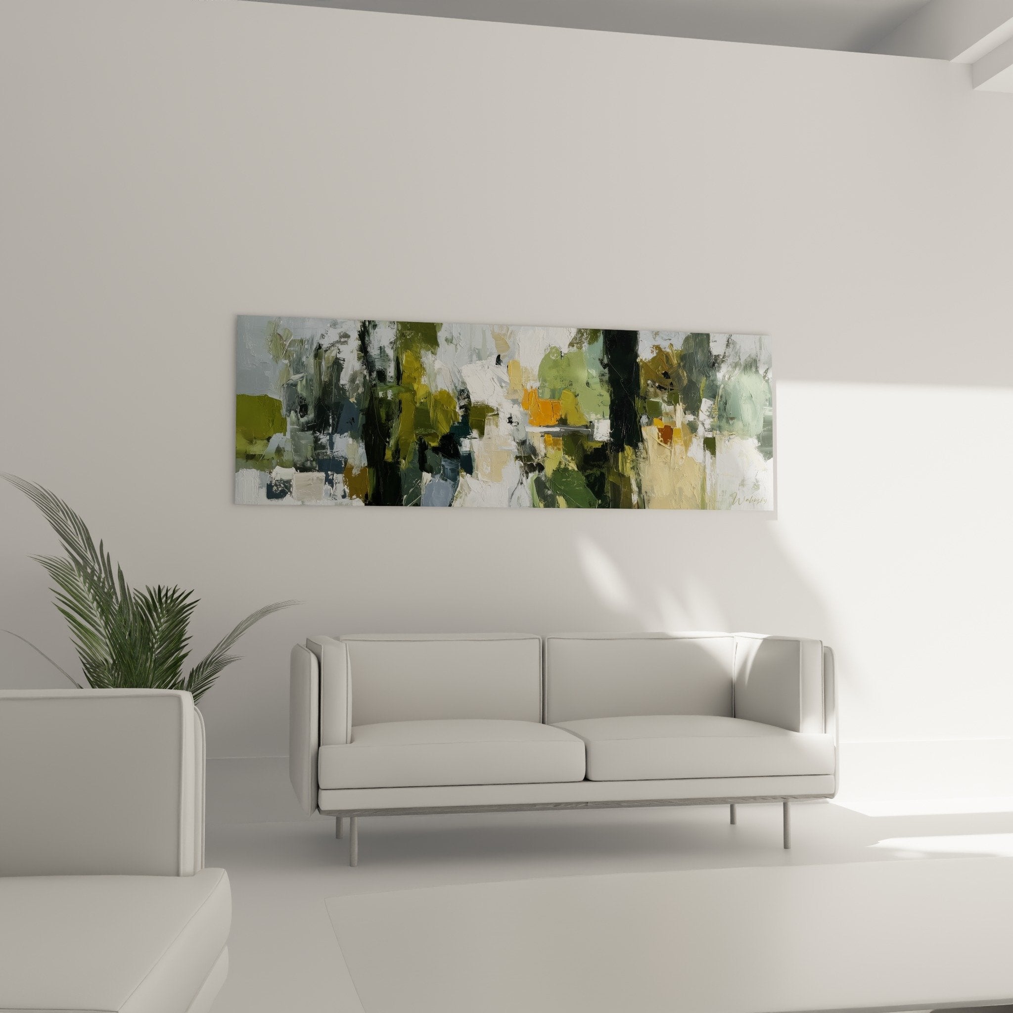 Détail texture empâtée tableau abstrait vert olive et ocre doré - matière picturale riche Feng shui Est Bois