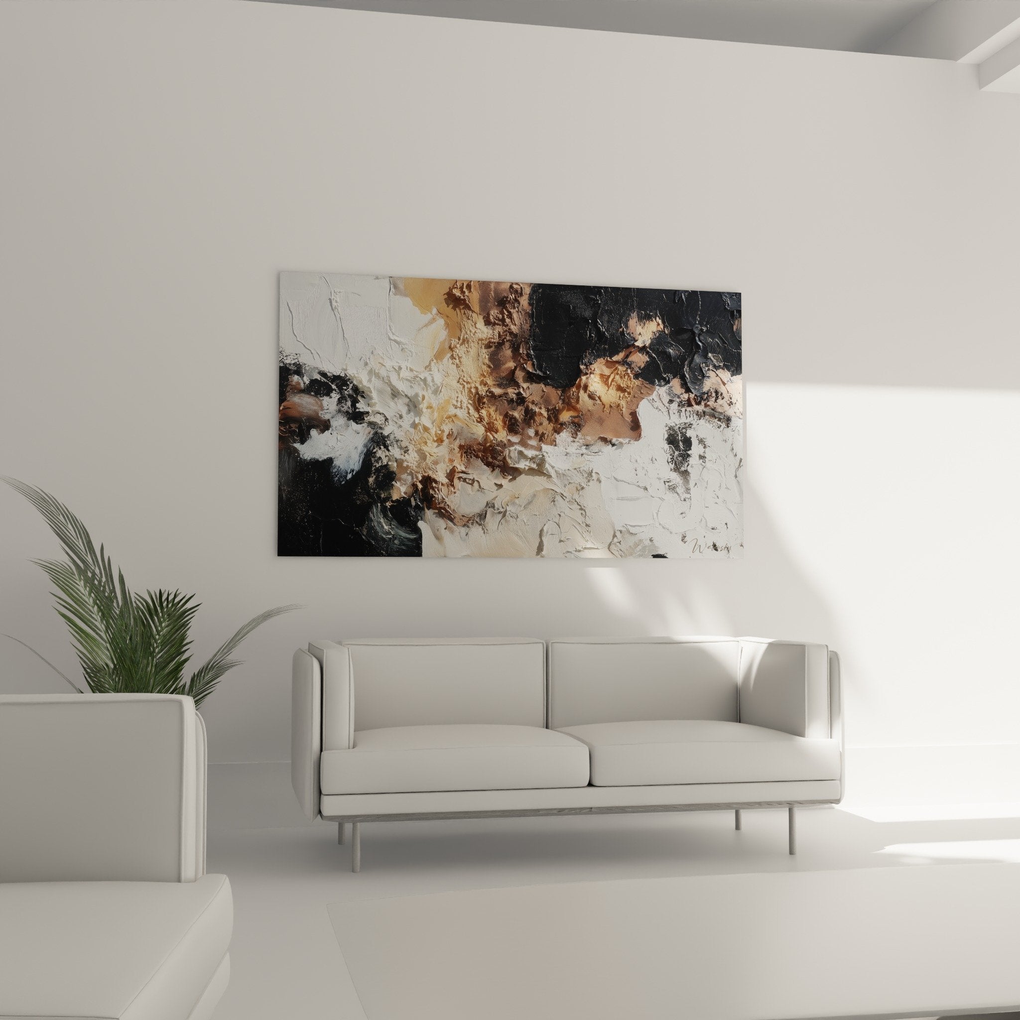 Textured detail abstract painting impasto white black bronze sculptural relief feng shui