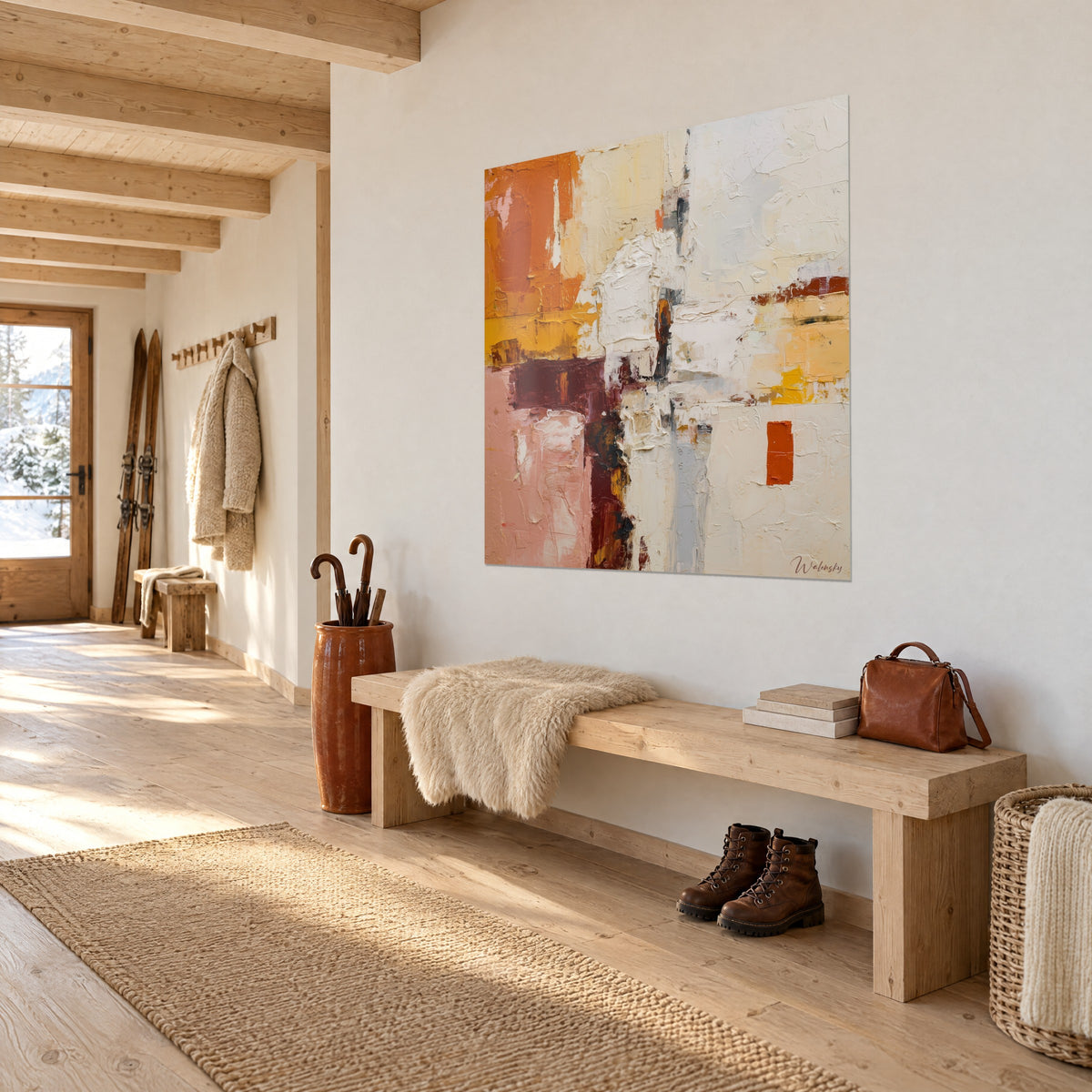 Gemälde Komposition mit Messermalerei, Safran-, Bordeaux- und Cremeflächen, rostfarbenes Rechteck, weiße Wand eines Chalet-Eingangs