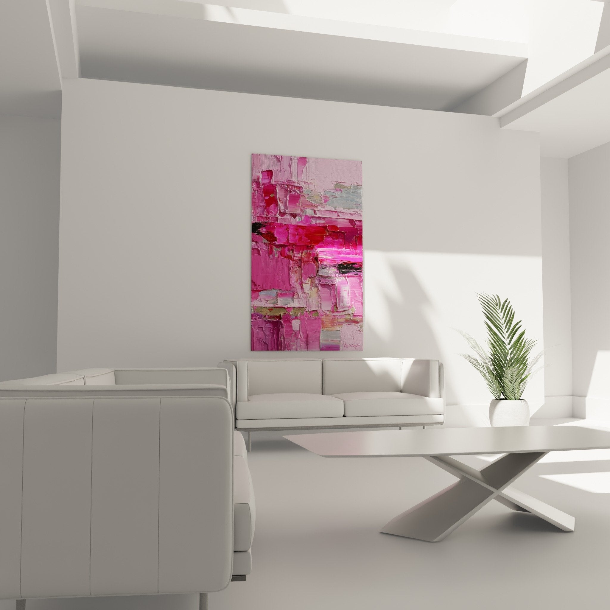 Détail texture empâtement rose magenta, relief sculptural peinture abstraite contemporaine