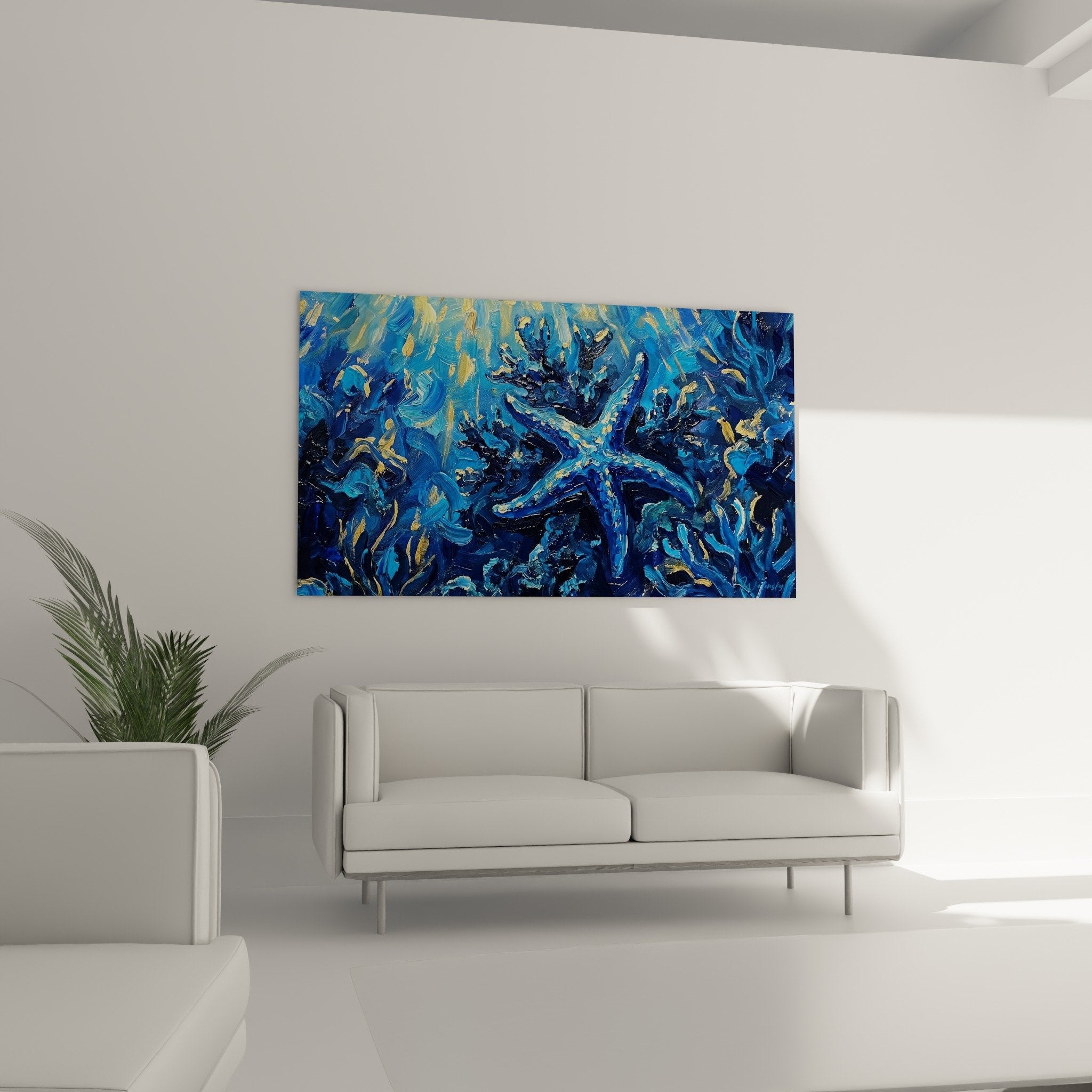 Detailansicht Impasto-Textur Gemäldepinselstriche Blautöne mit Goldakzenten Wandbild Seestern