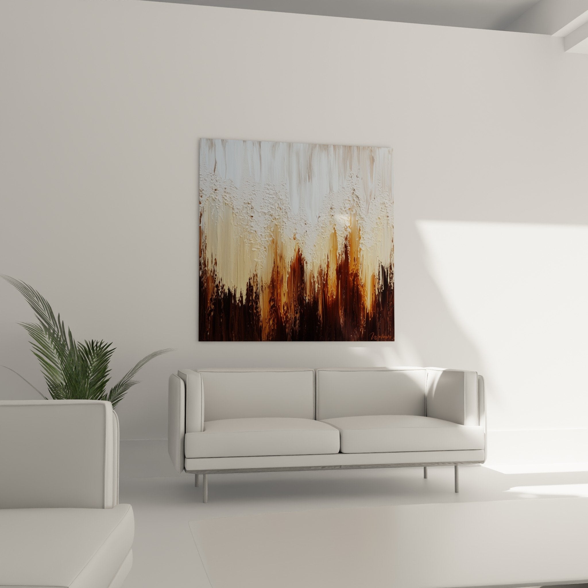 Textured impasto abstract painting detail relief burnt ochre earth tones white feng shui earth center style