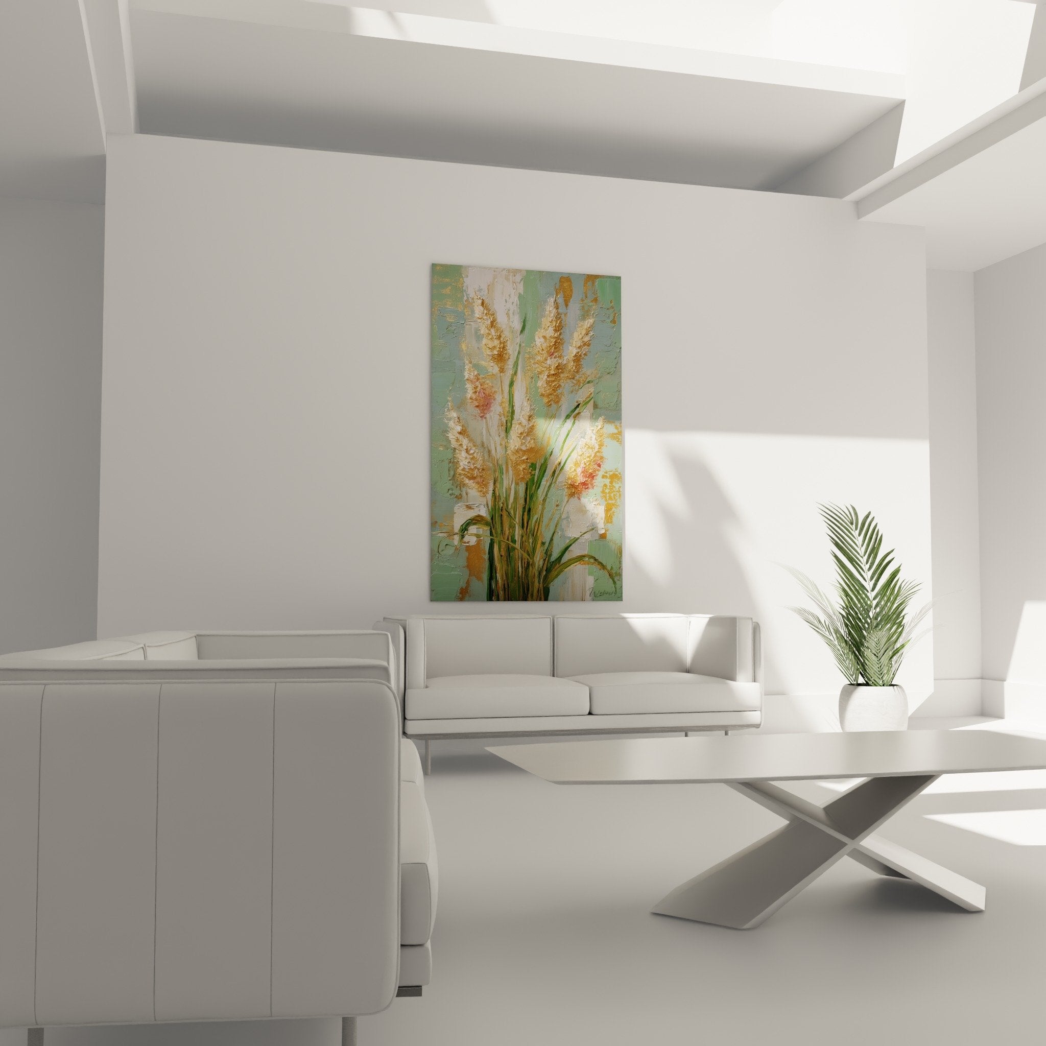 Détail texture épis dorés peinture épaisse relief graminées nuances cuivrées beige rosé matière sculpturale
