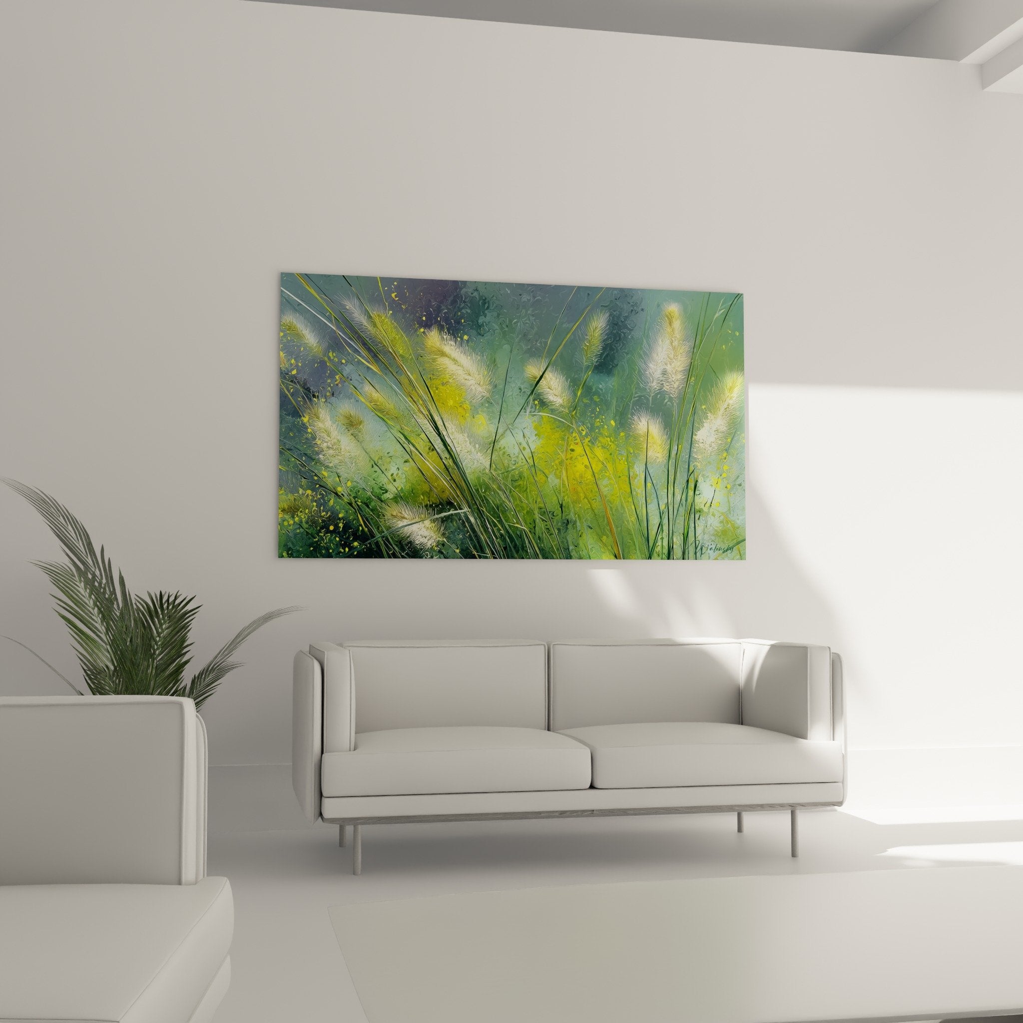 Détail rapproché du tableau montrant la texture des épis de graminées et les éclaboussures de peinture dorée