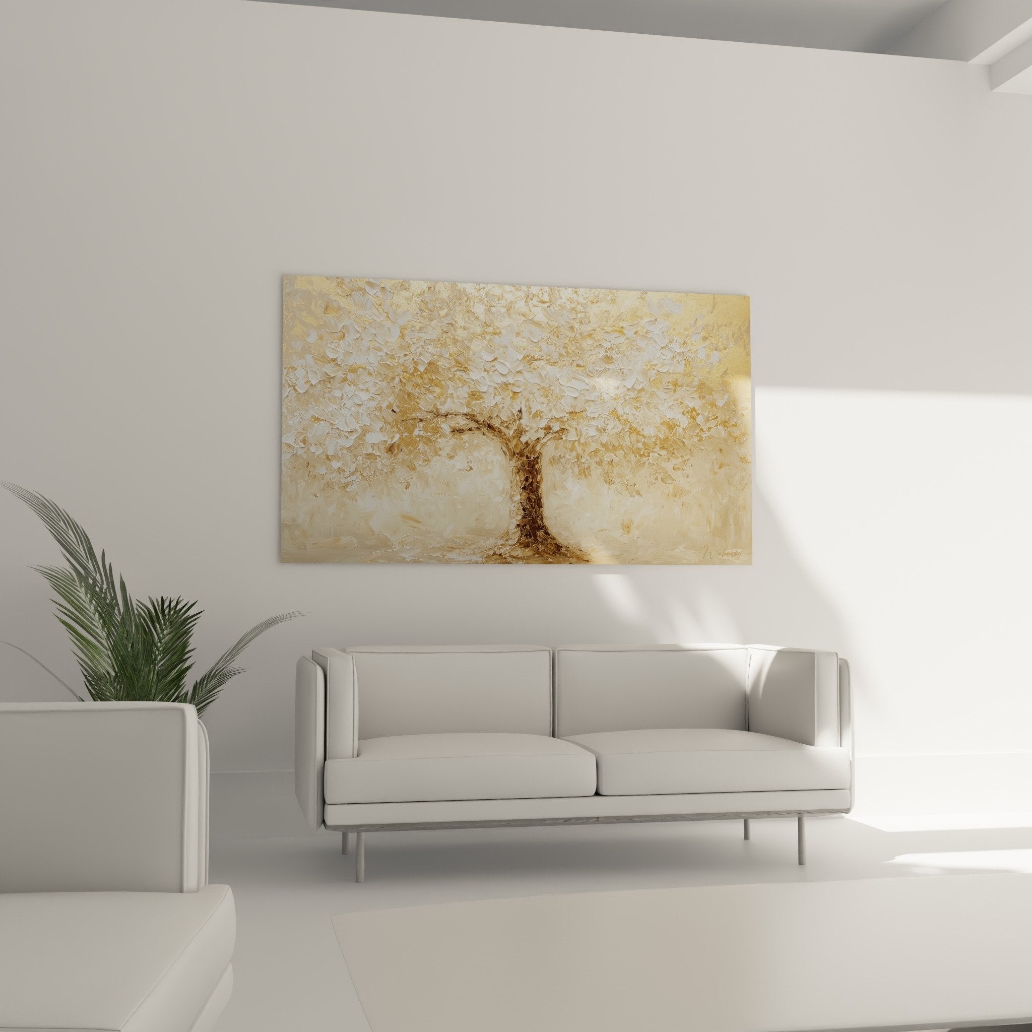 Textured impasto detail golden and beige foliage of tree of life wall art with sculpted reliefs