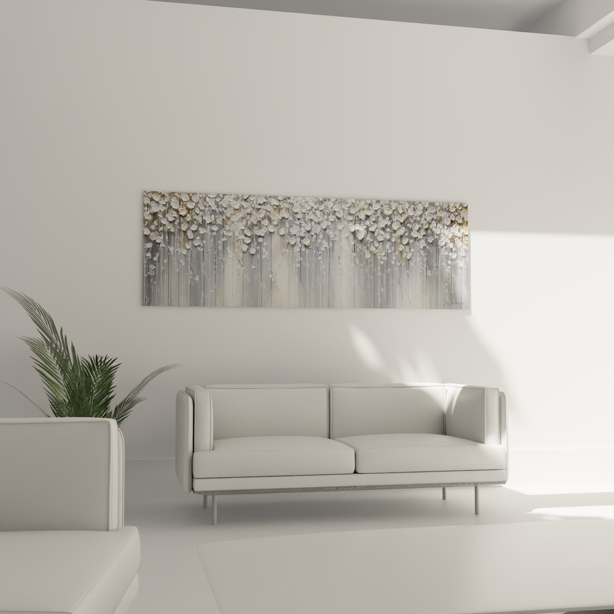 detail texture relief feuilles argentees tableau metallique nuances gris feng shui ouest metal gros plan
