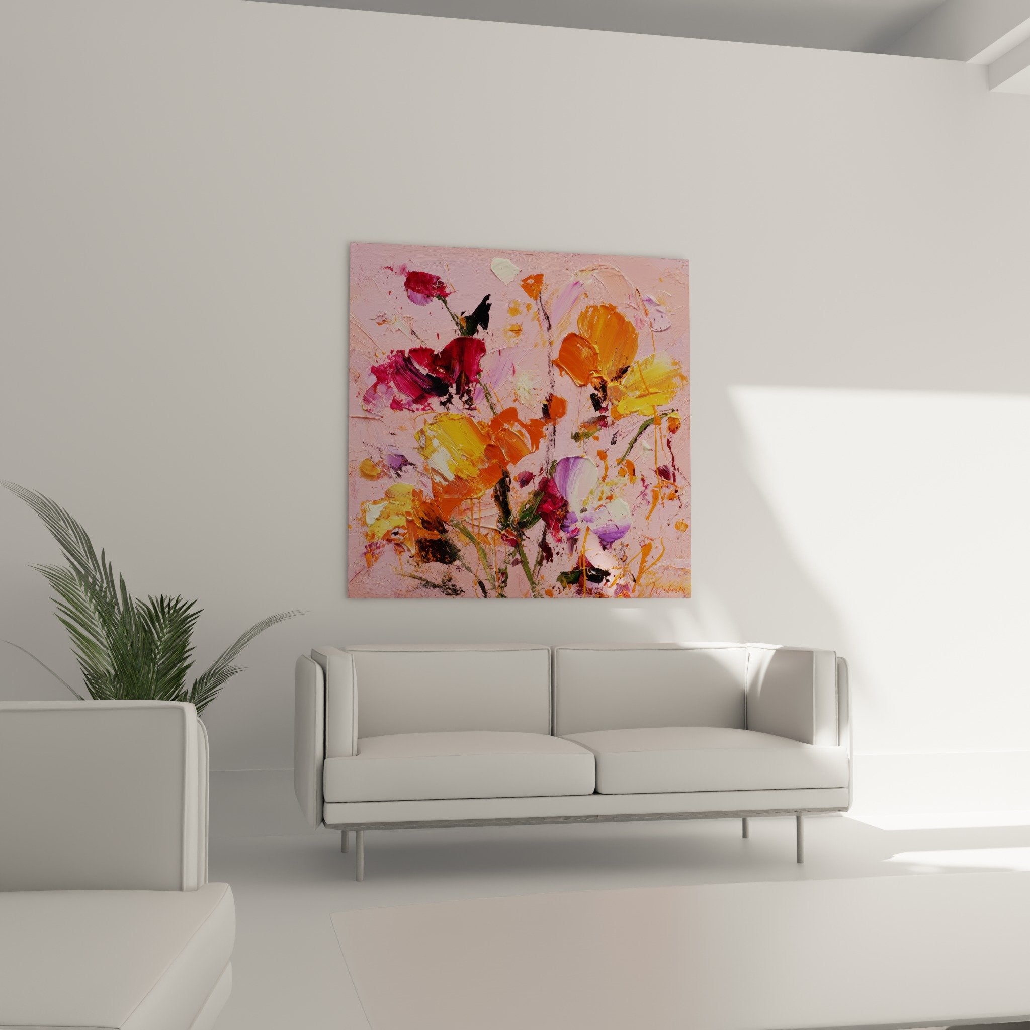 Détail texture peinture épaisse fleurs abstraites rose orange relief matière feng shui sud-ouest